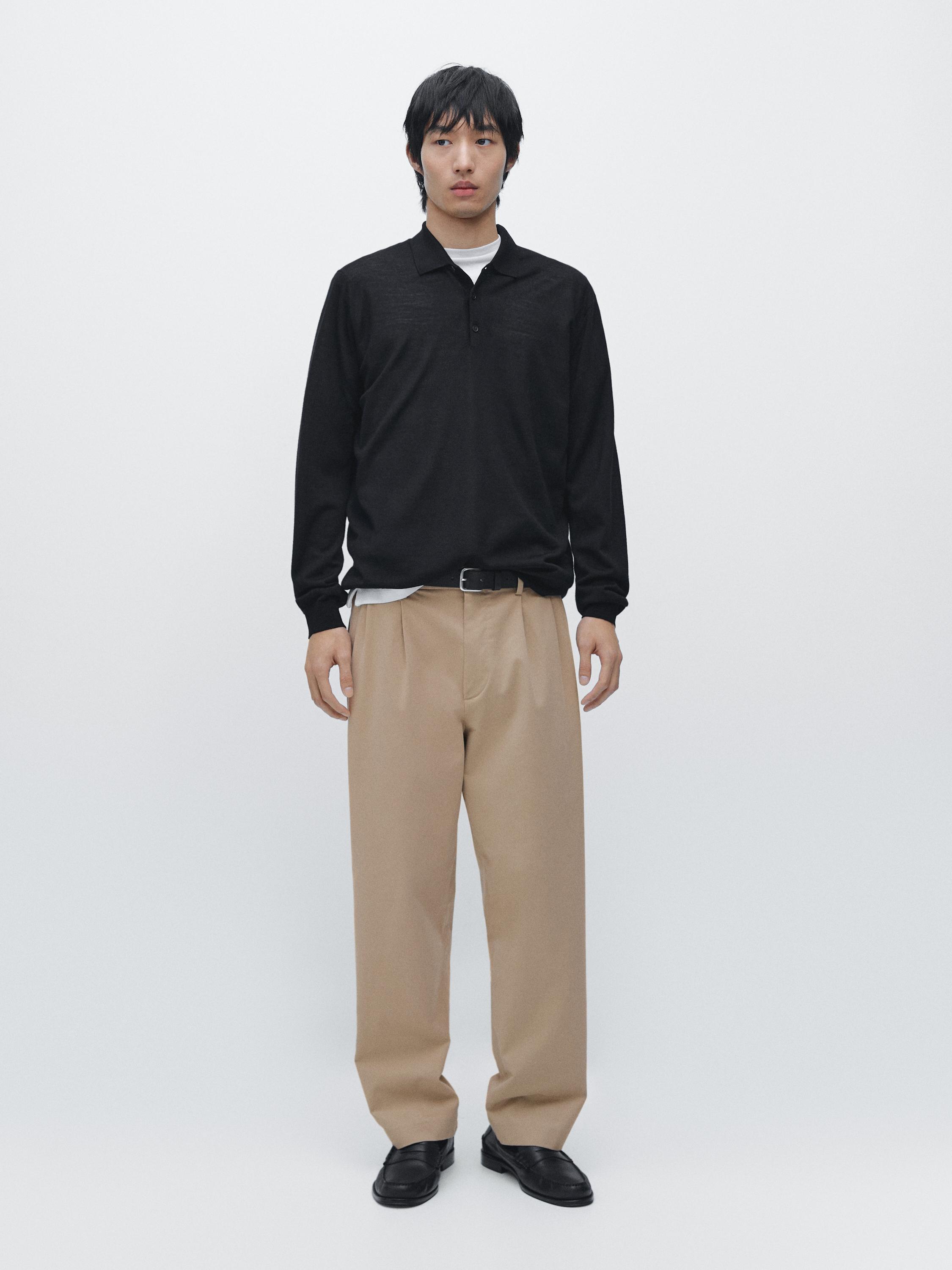 100% wool knit sweater with polo collar — BLACK