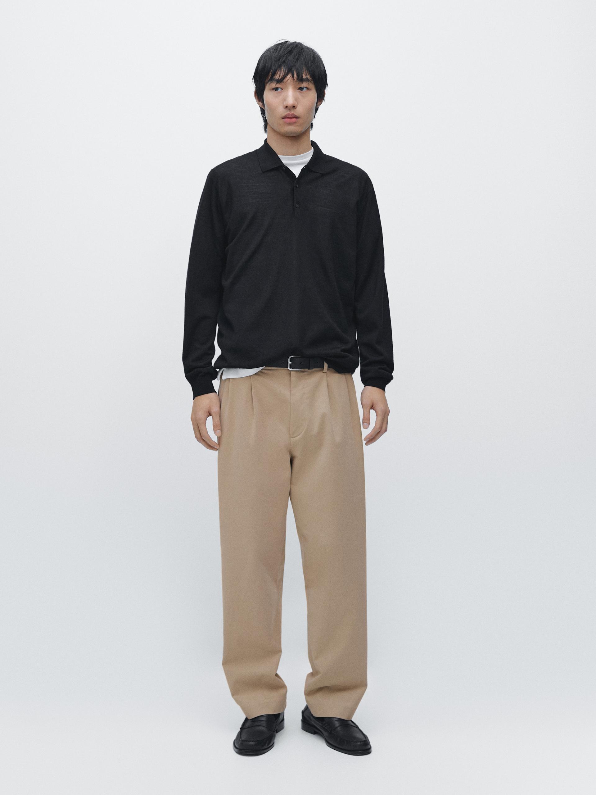 Pull En Maille À Col Polo 100 % Laine - Noir - Xl - Massimo Dutti - Homme