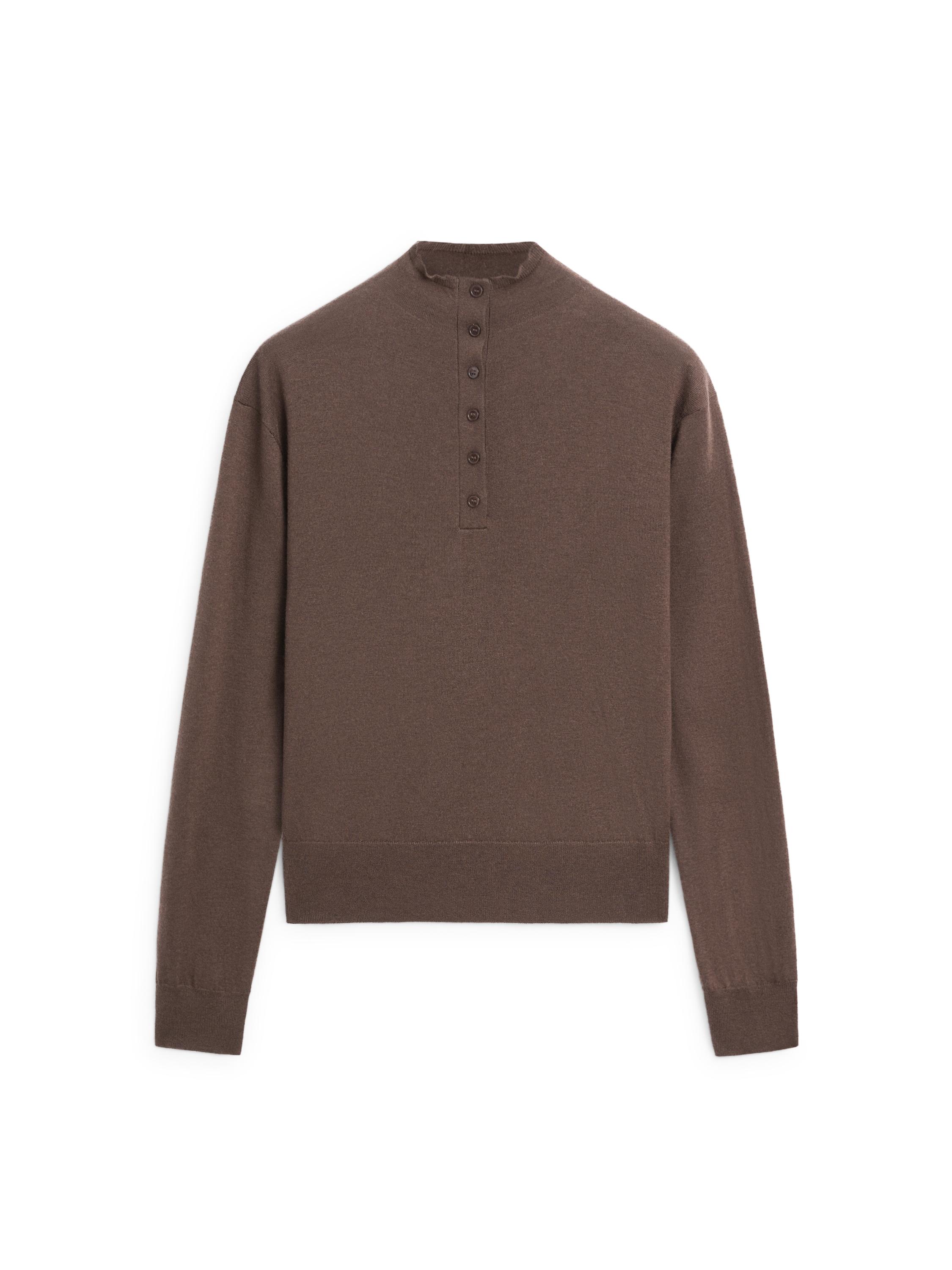 Buttoned mock turtleneck knit sweater — BROWN