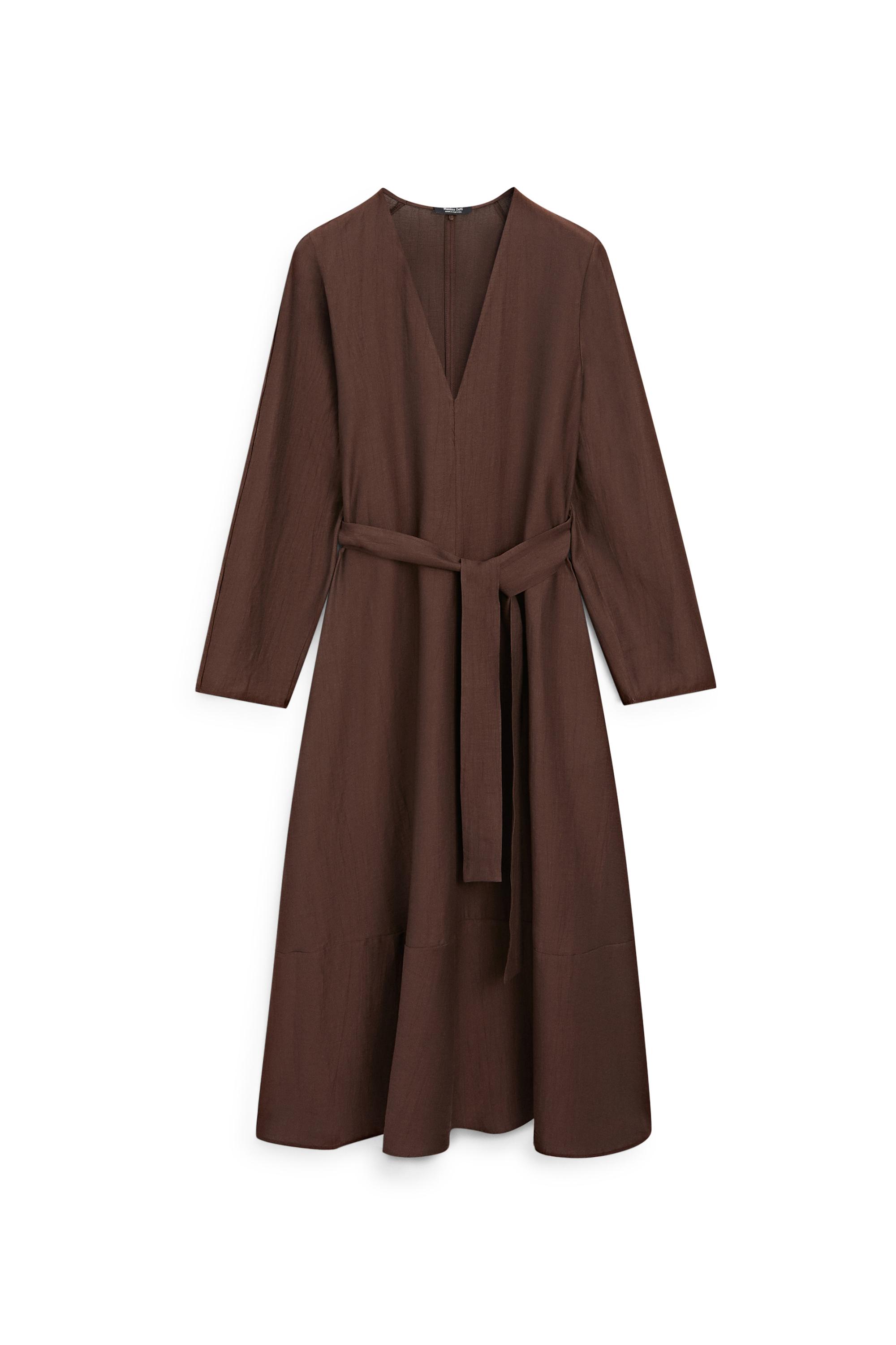 Flowing linen blend midi dress with belt — BROWN