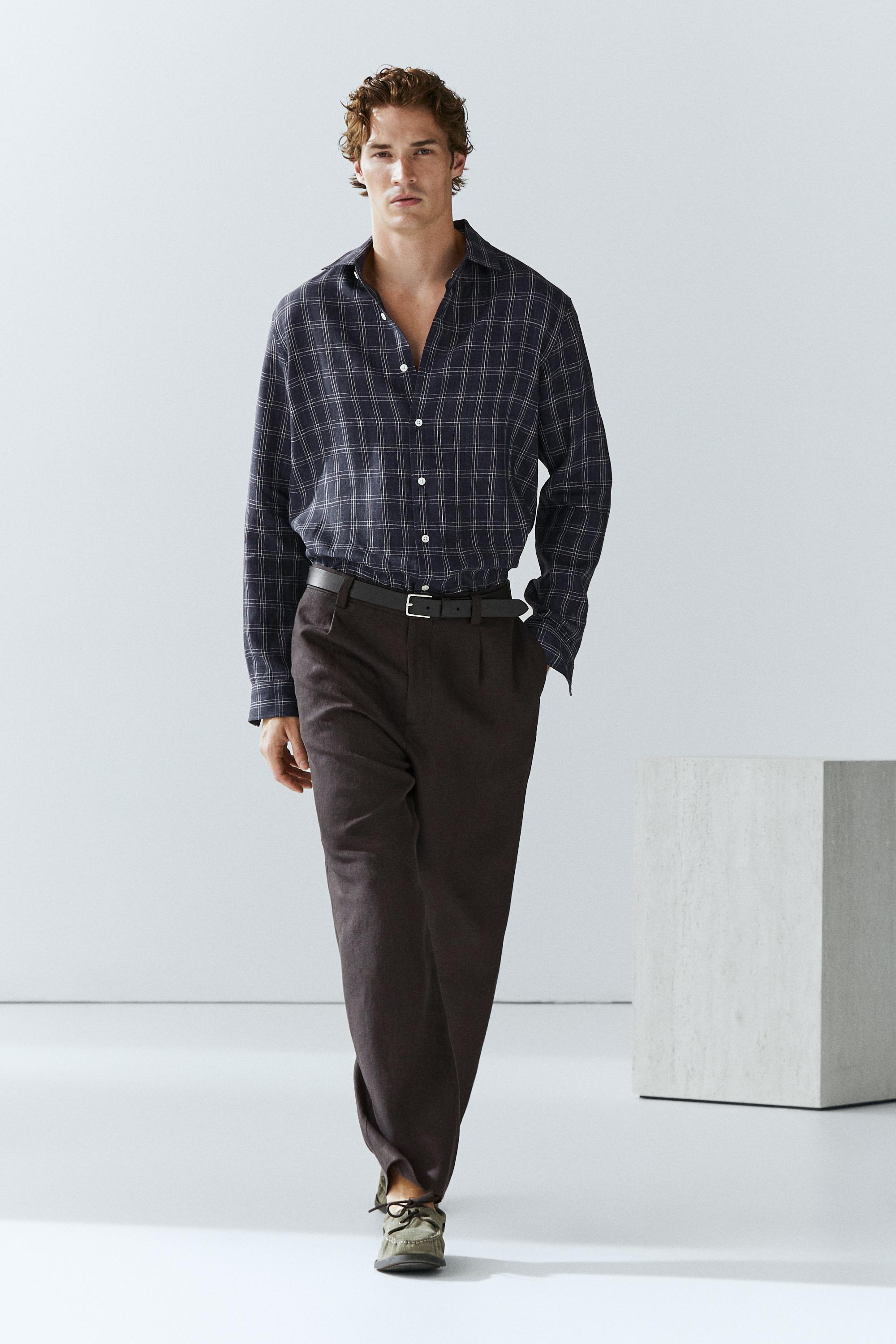 100% linen regular fit check shirt — DARK BLUE
