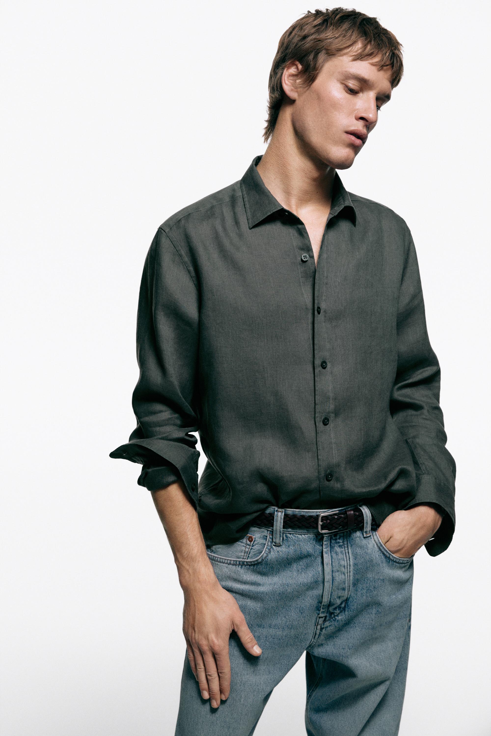 100% linen slim fit shirt — DARK GREEN