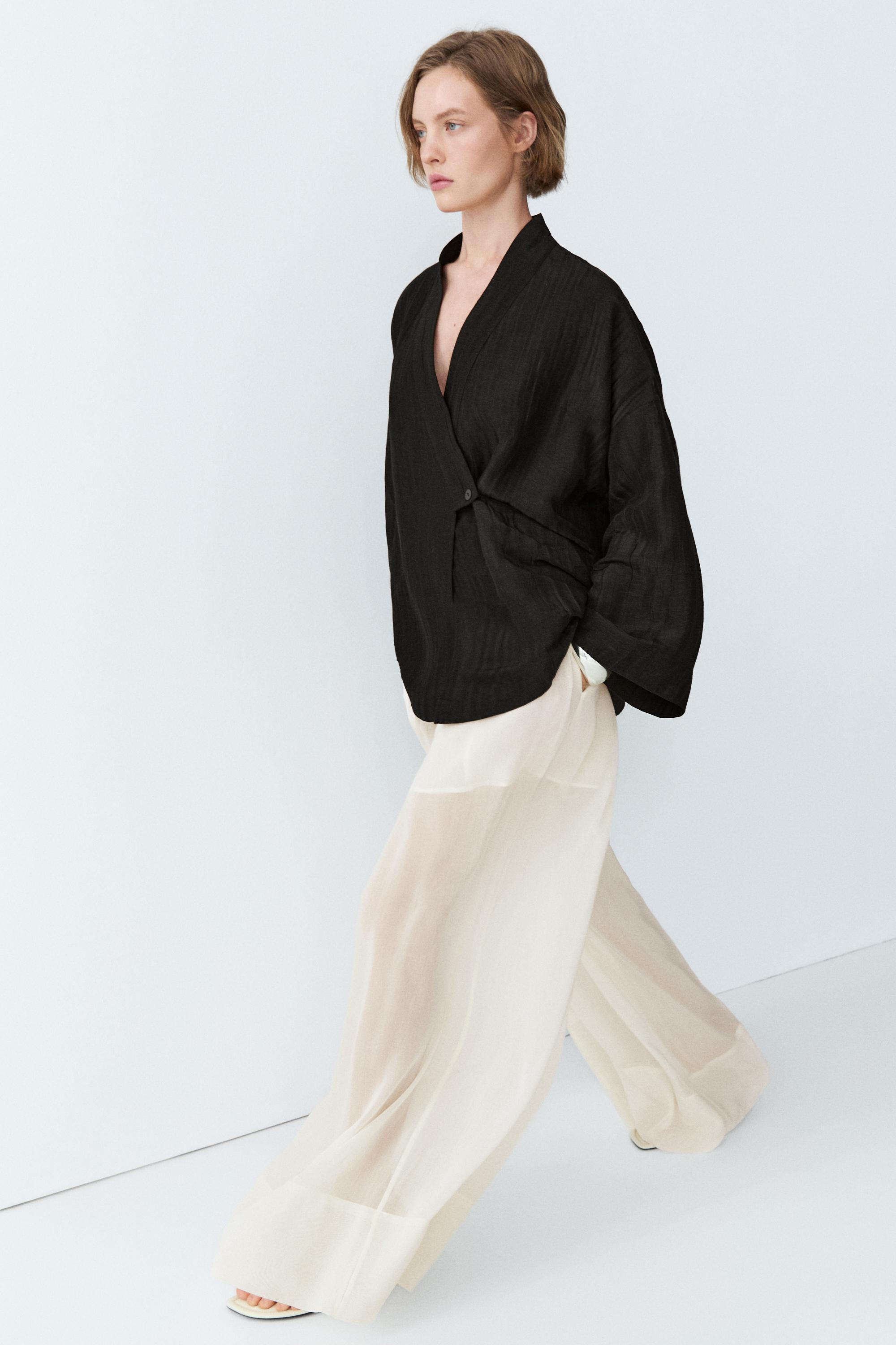 Textured linen blend V-neck kimono — BLACK