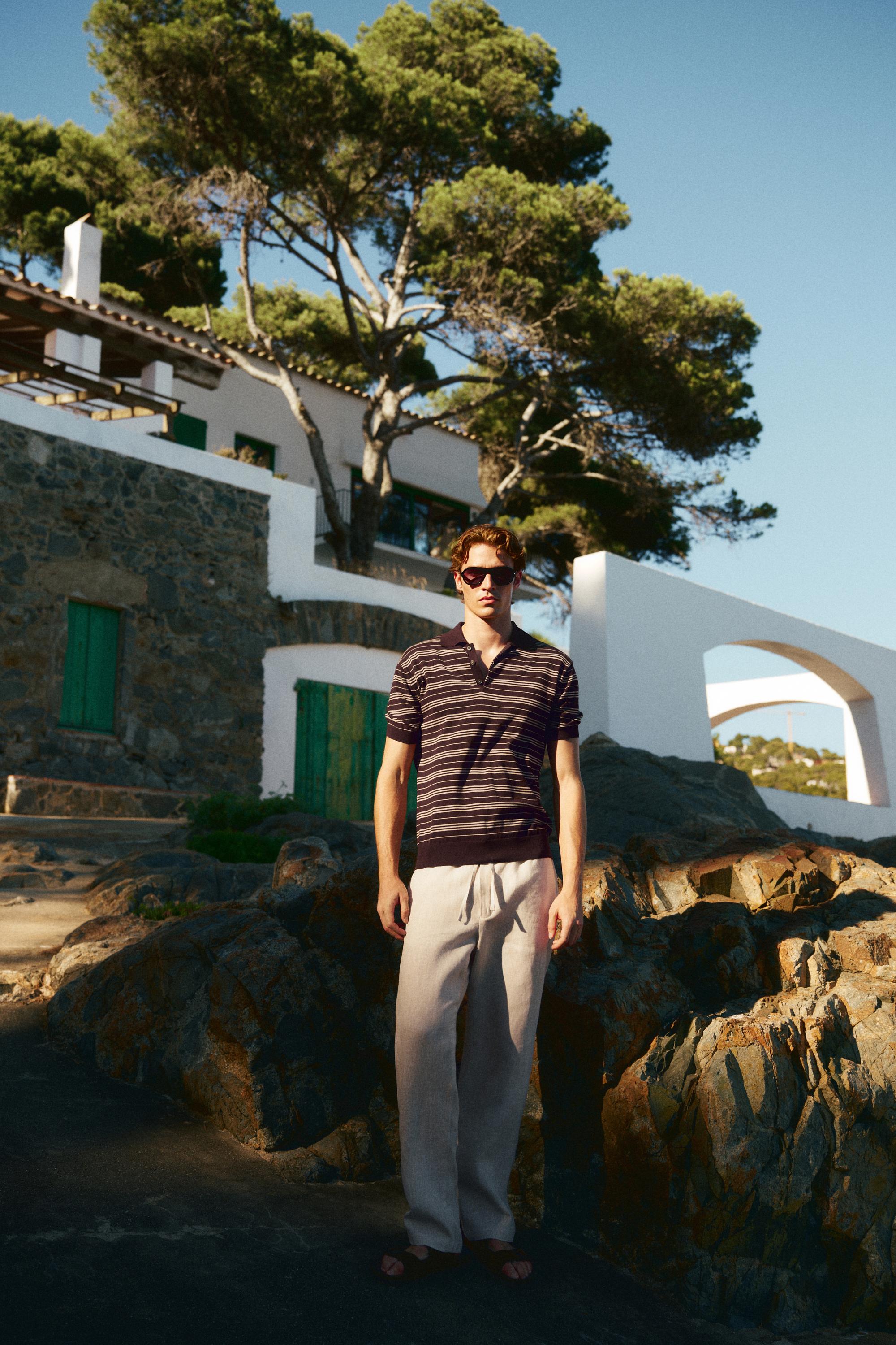 100% Cotton Striped Knit Polo Sweater — BURGUNDY