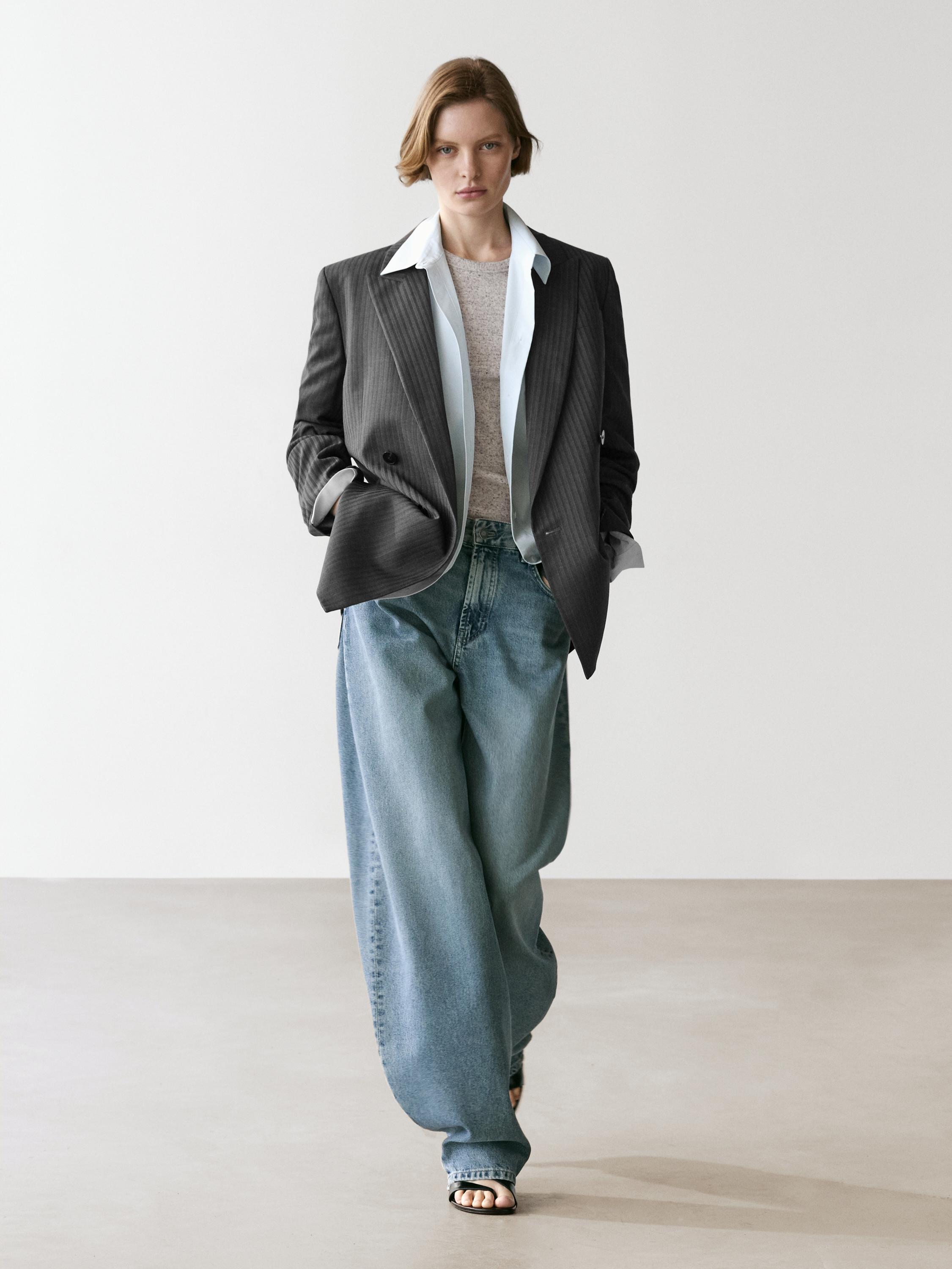 Pinstripe cool wool blend suit blazer — GREY
