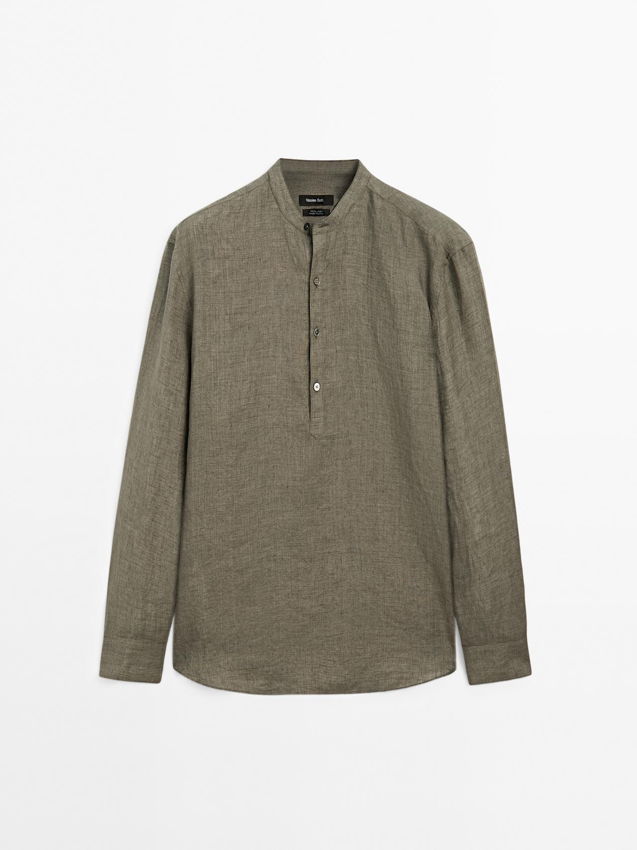 Massimo Dutti - Herre - Regular Fit Skjorte I Forvasket Hør - Grøn - L