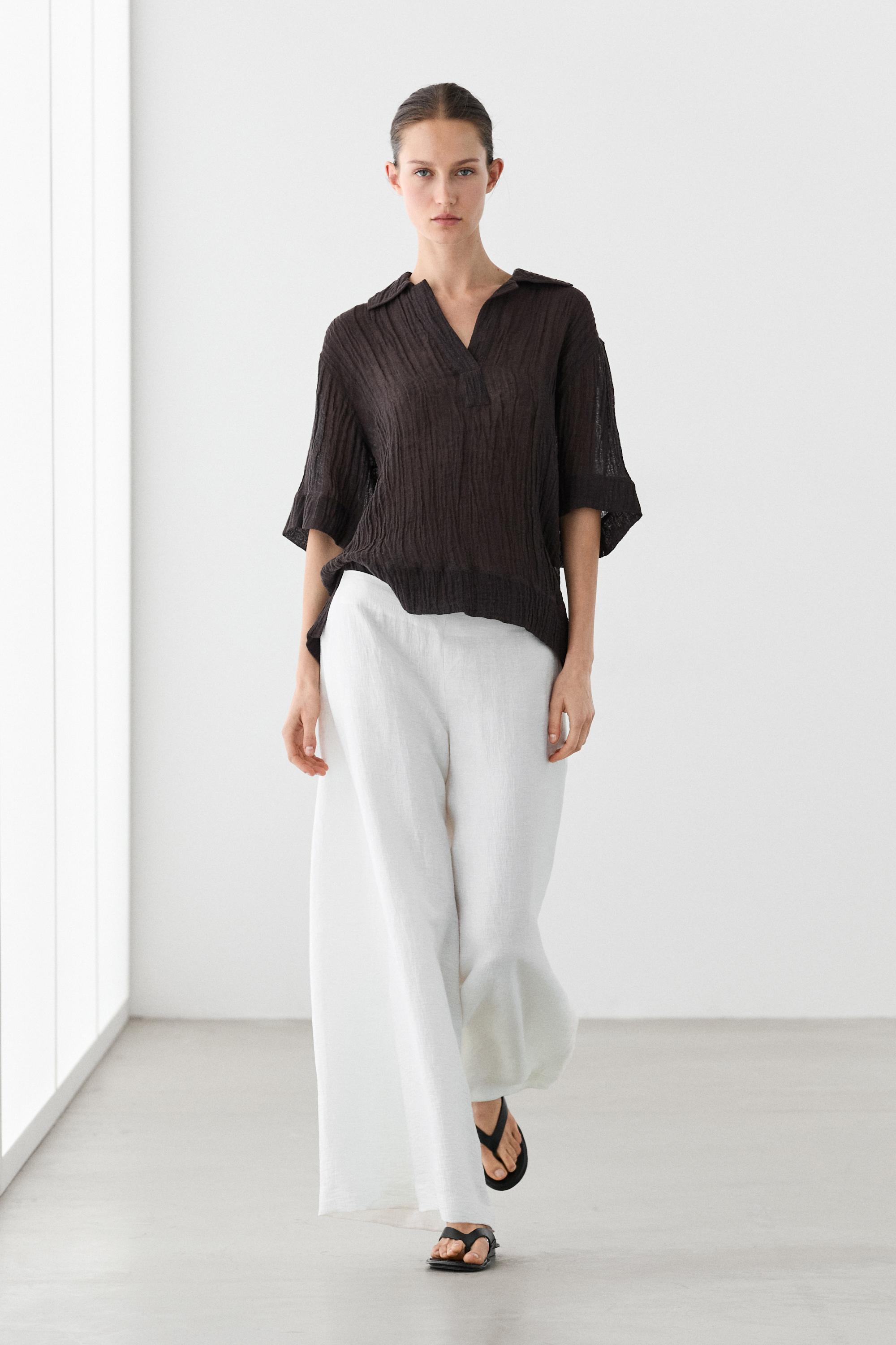 Flowing linen blend polo blouse — BROWN