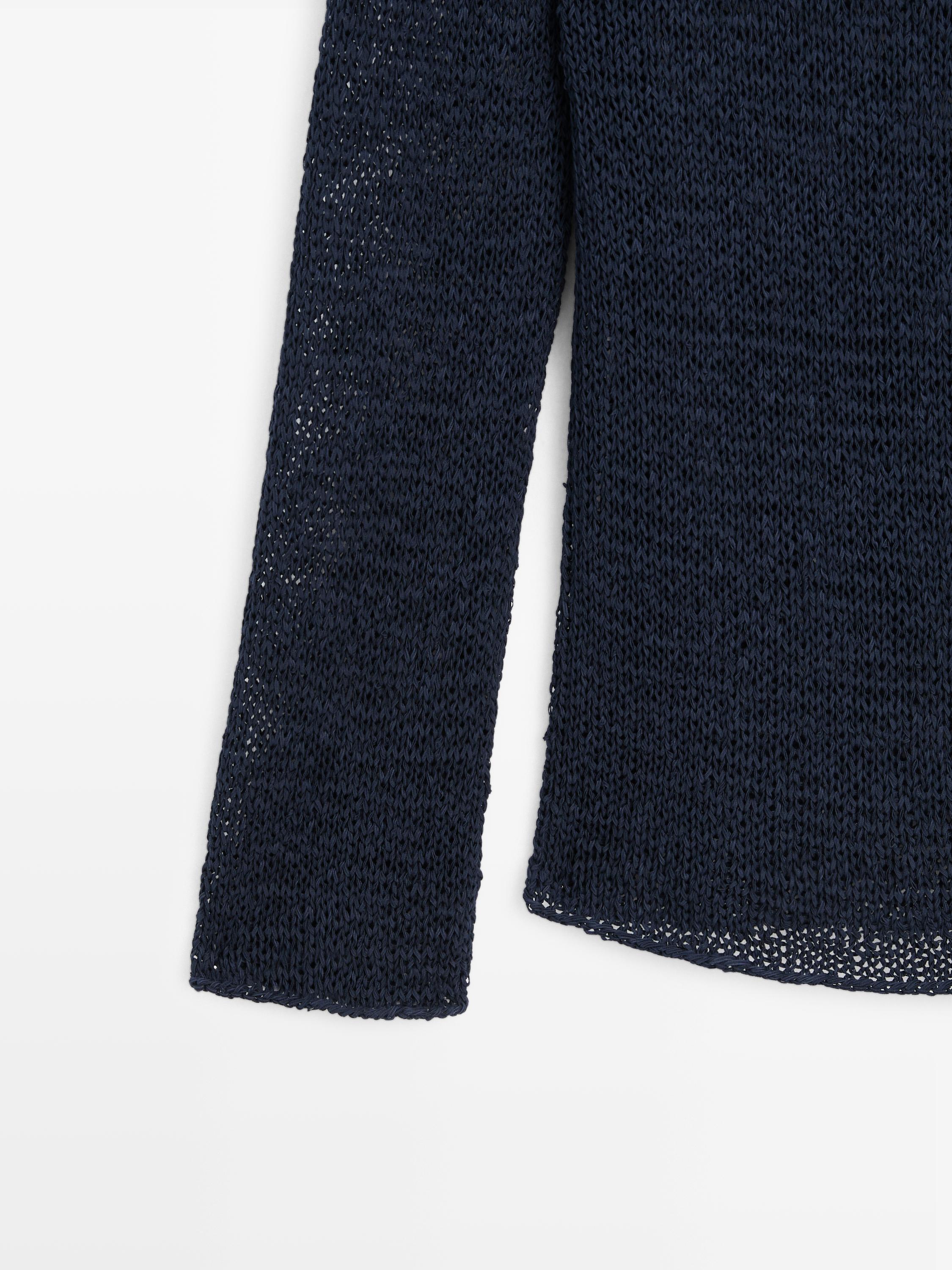 Cotton blend knit boat neck sweater — Dark Blue