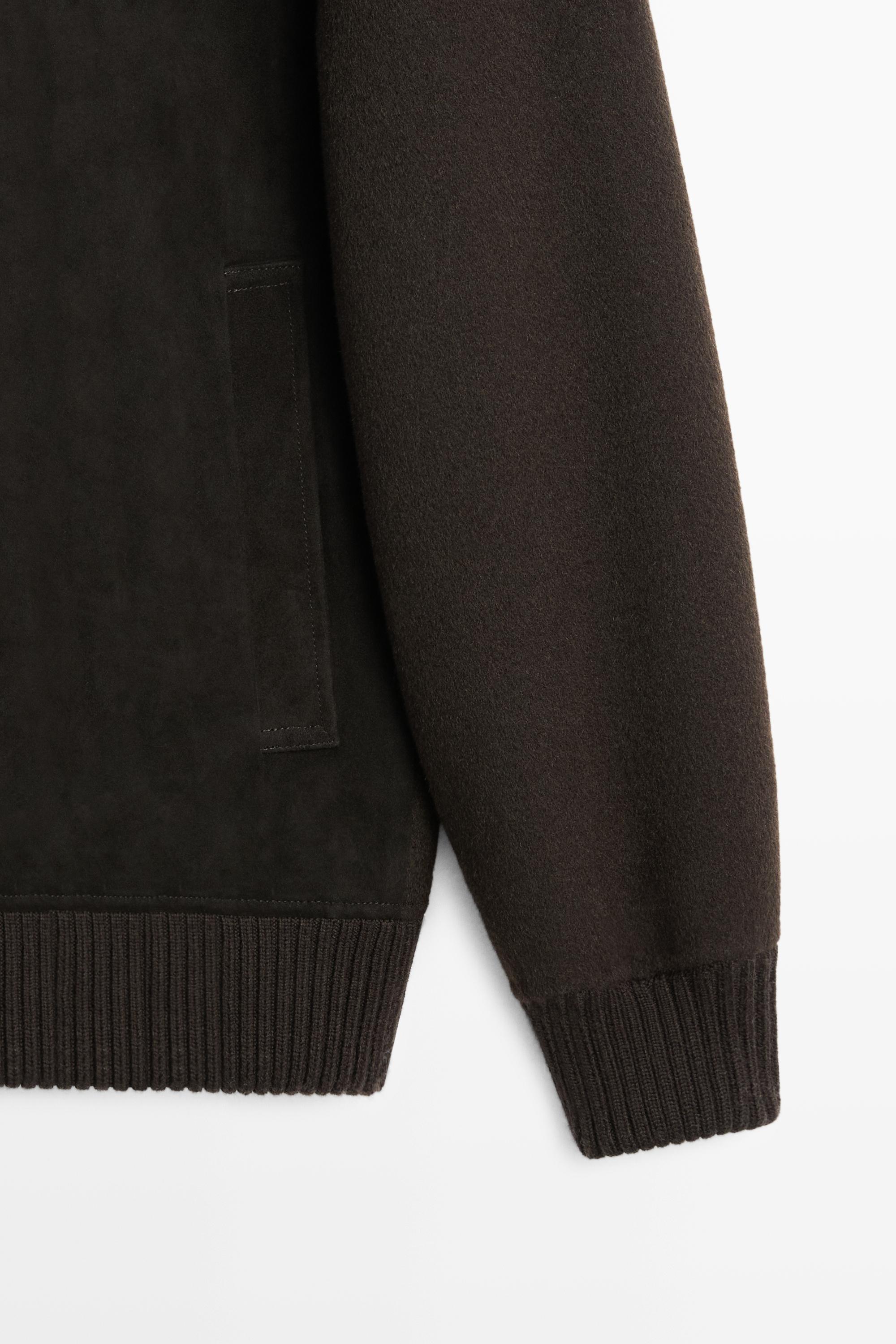Mixed double-knit and goatskin suede cardigan — BROWN
