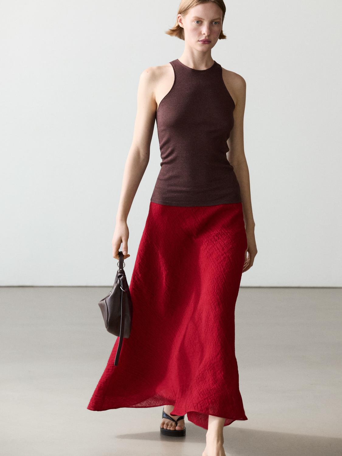 100% linen flounce midi skirt — RED