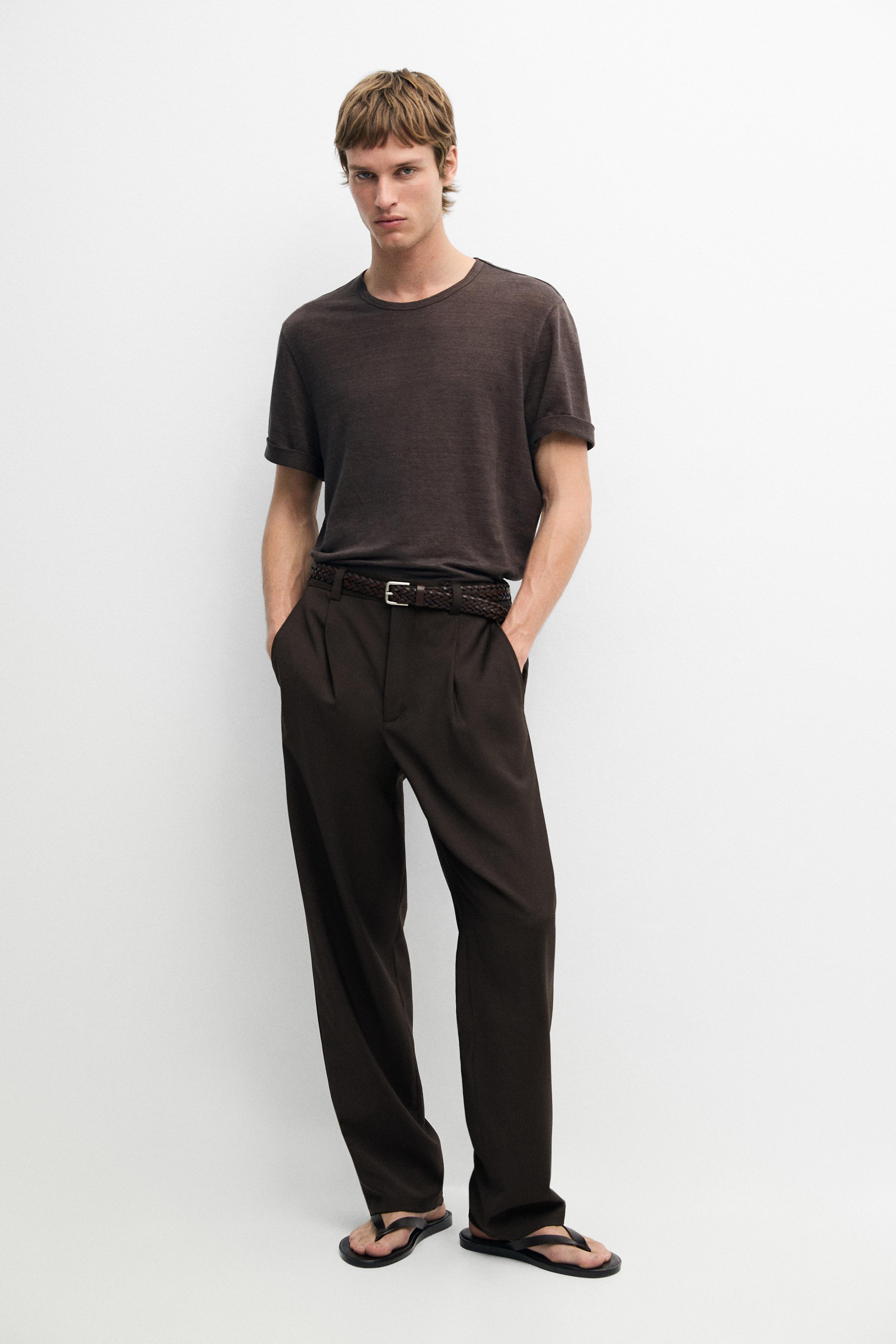 100% linen short sleeve T-shirt — BROWN