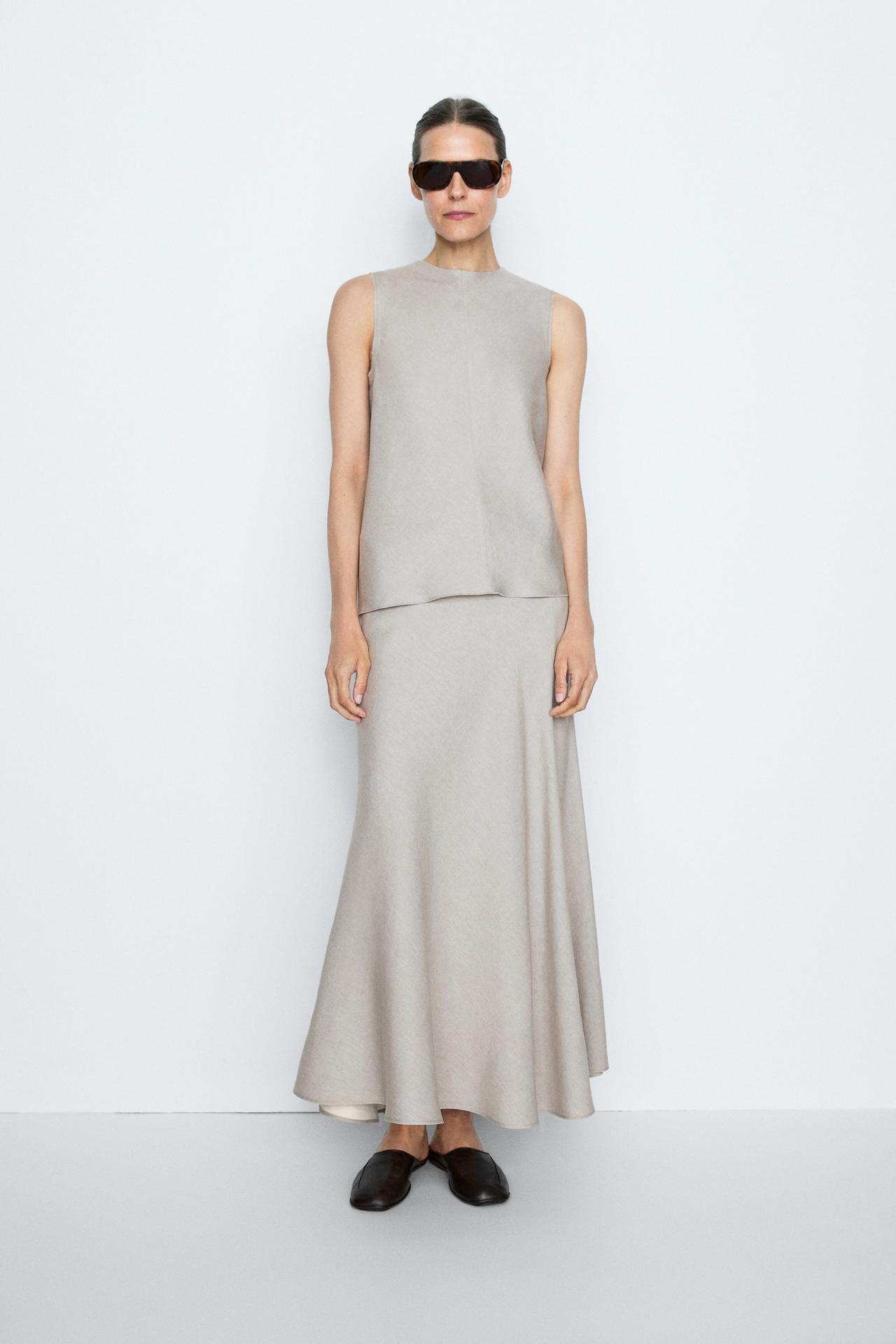 STUDIO Linen Blend Flounce Skirt — STONE