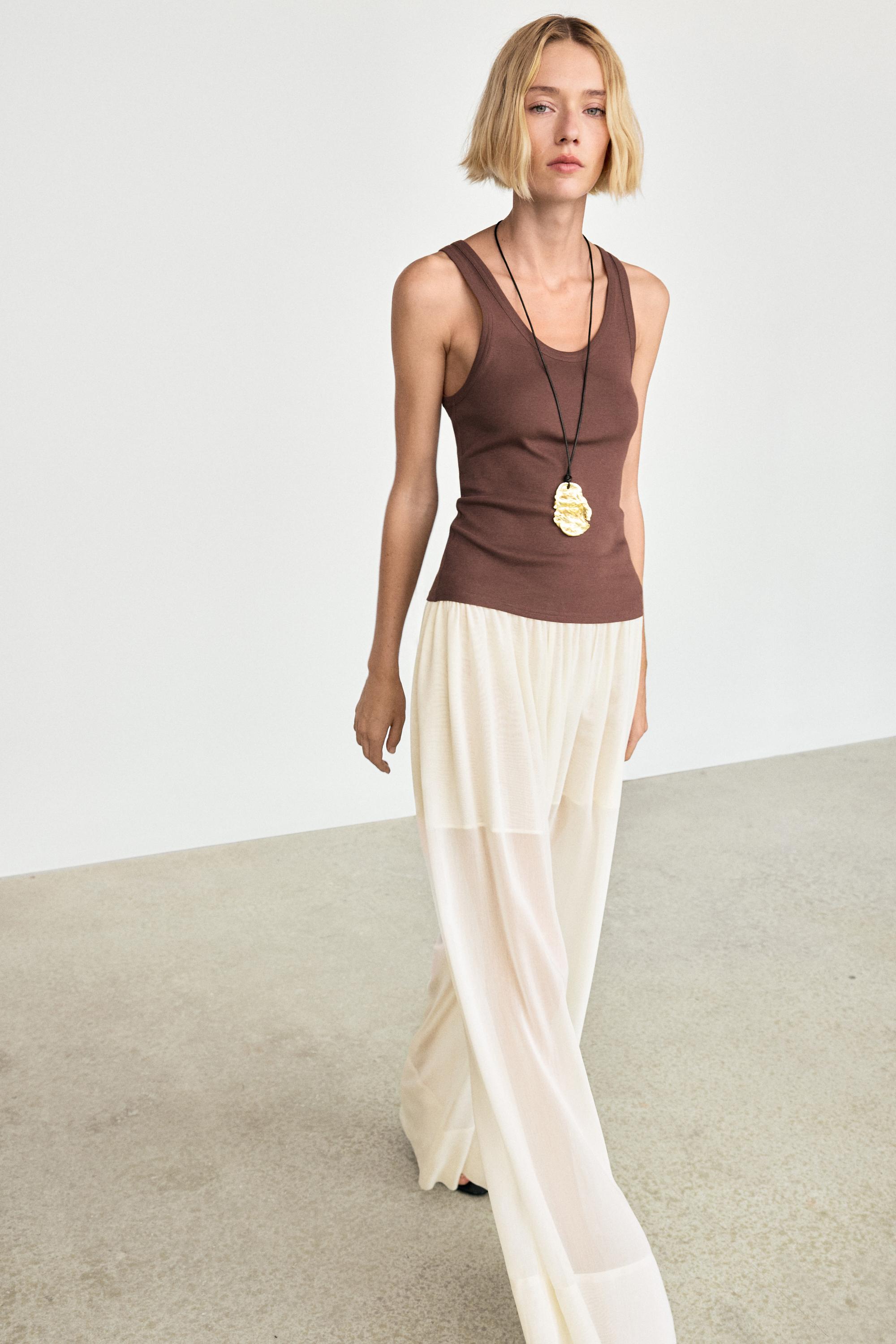 Semi-sheer flowing wide-leg pants — Off white