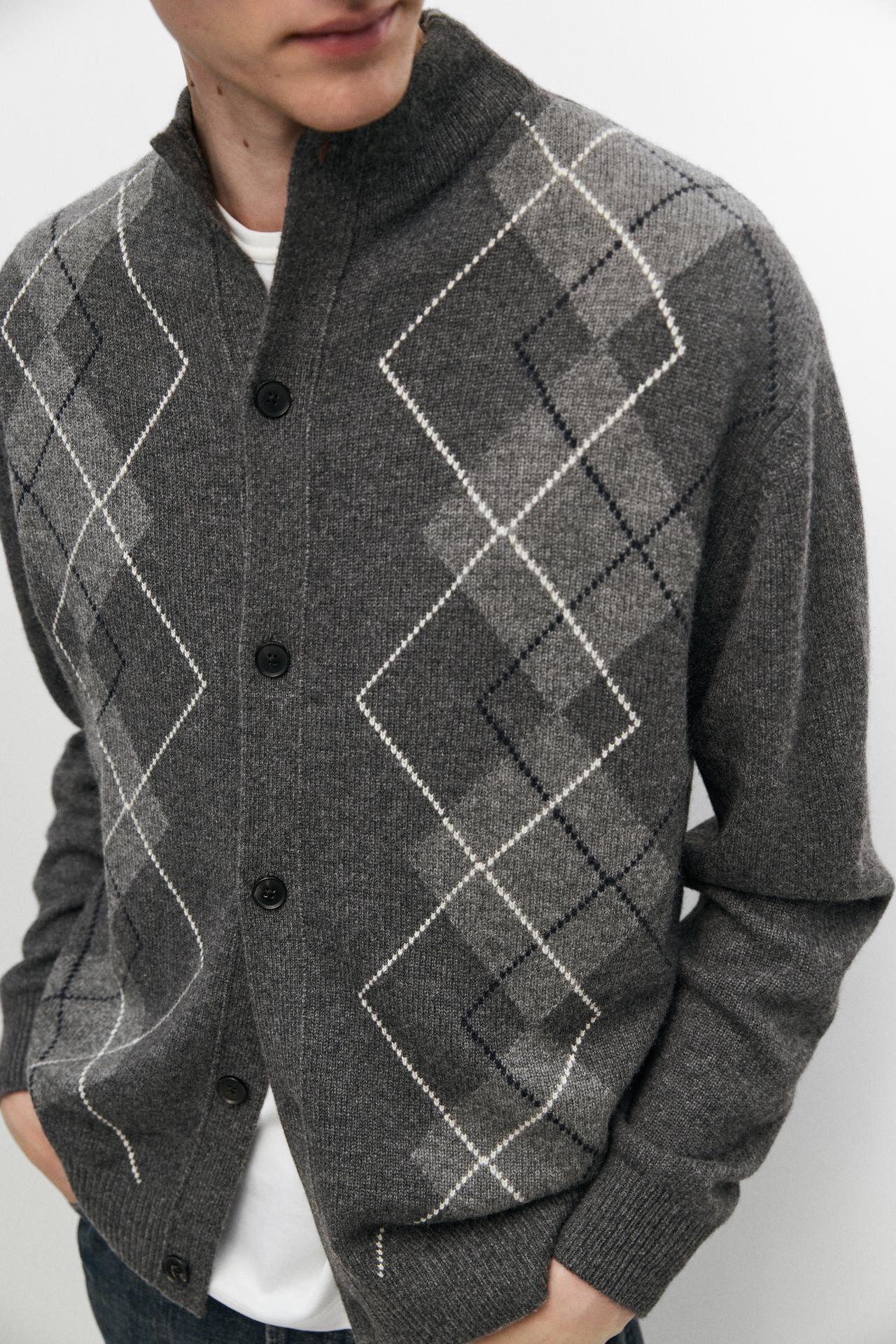 100% cashmere argyle knit cardigan — CHARCOAL