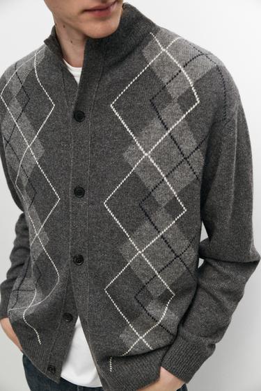 100% cashmere argyle knit cardigan — CHARCOAL 8