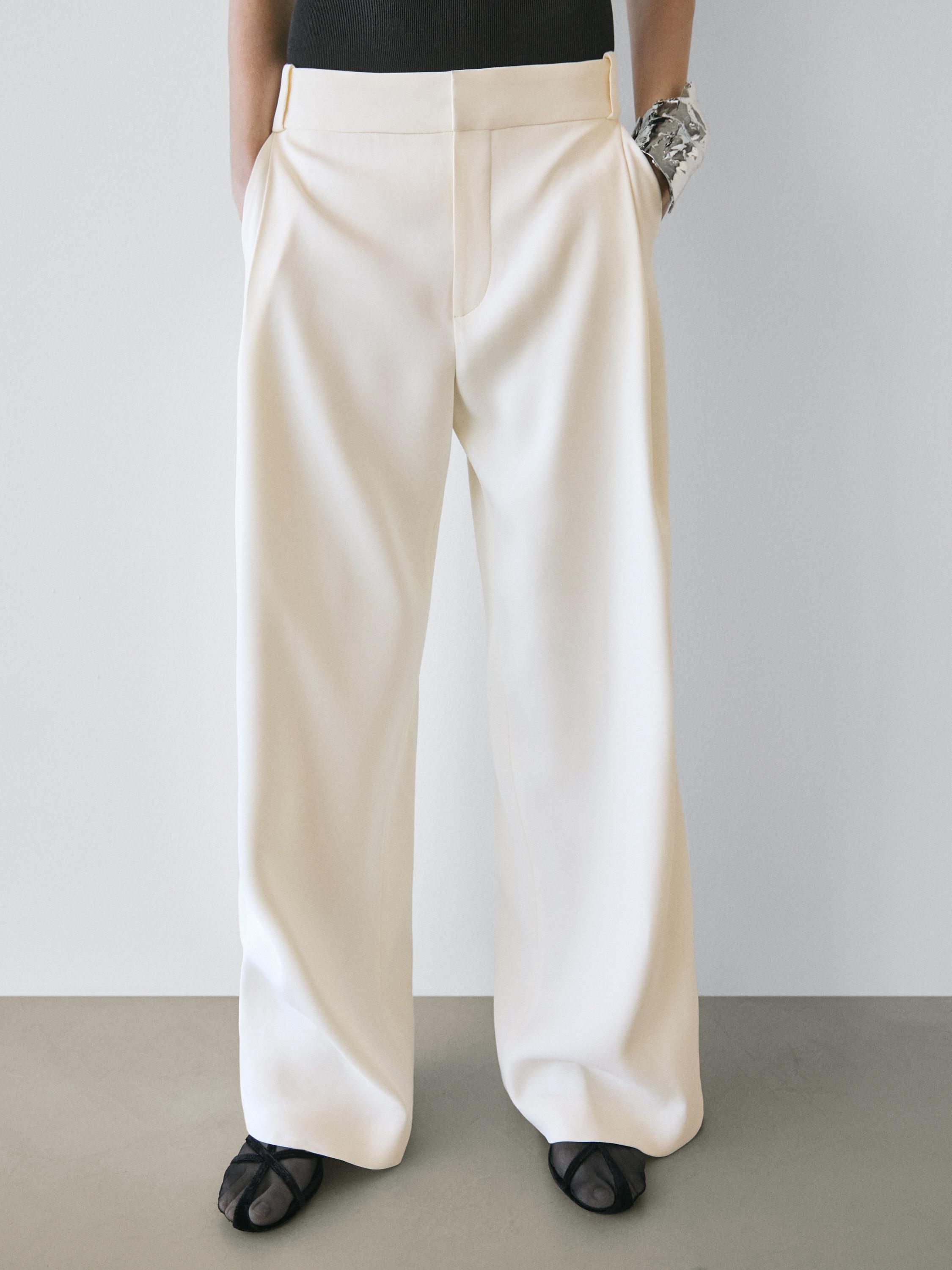 Wide-leg trousers with darts - STUDIO · Cream · Trousers | Massimo  display picture 1