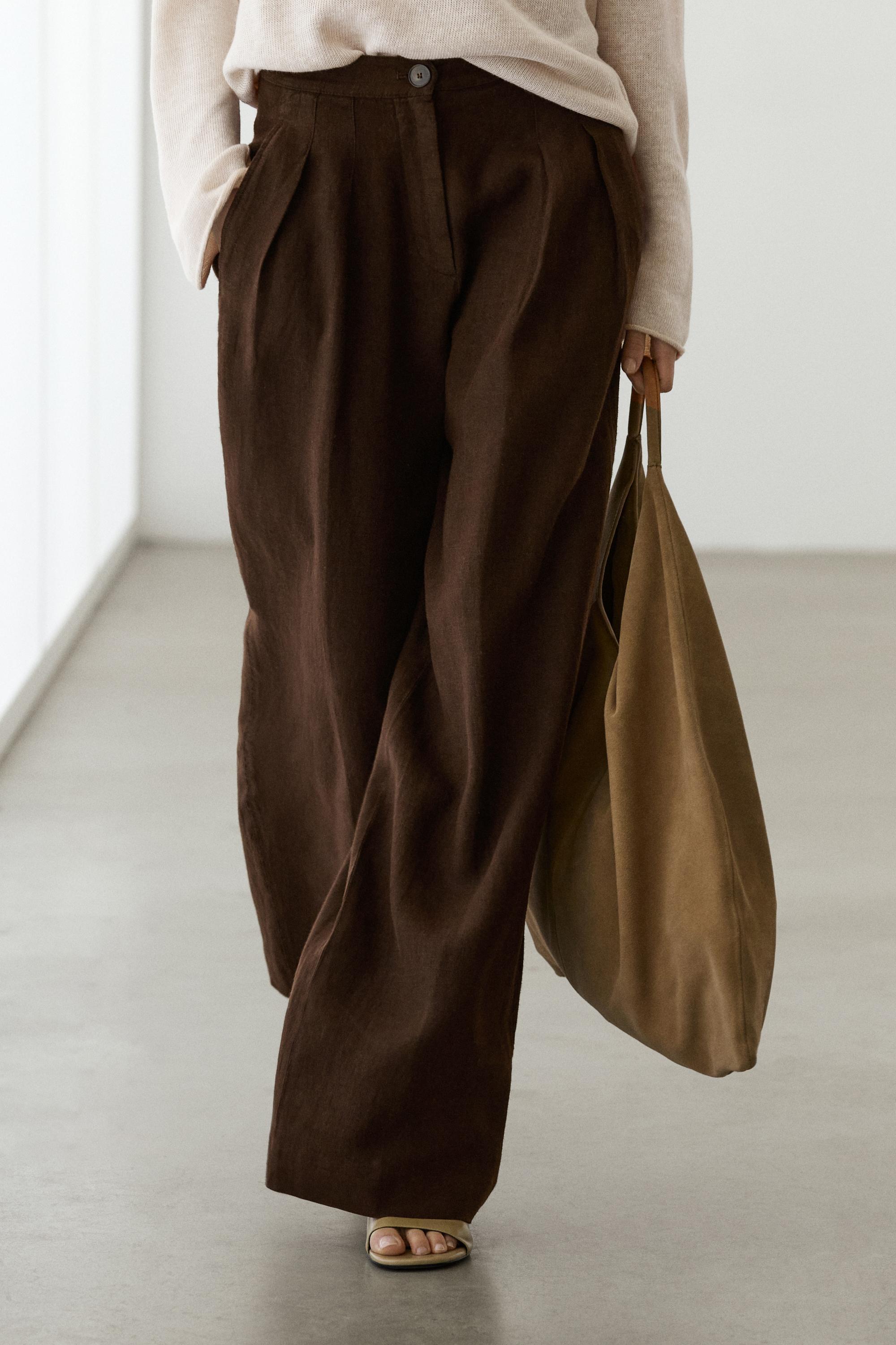 100% linen wide-leg pleated trousers — BROWN