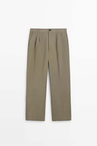 Pants with double pleats, 100% cotton — OLIVE 2