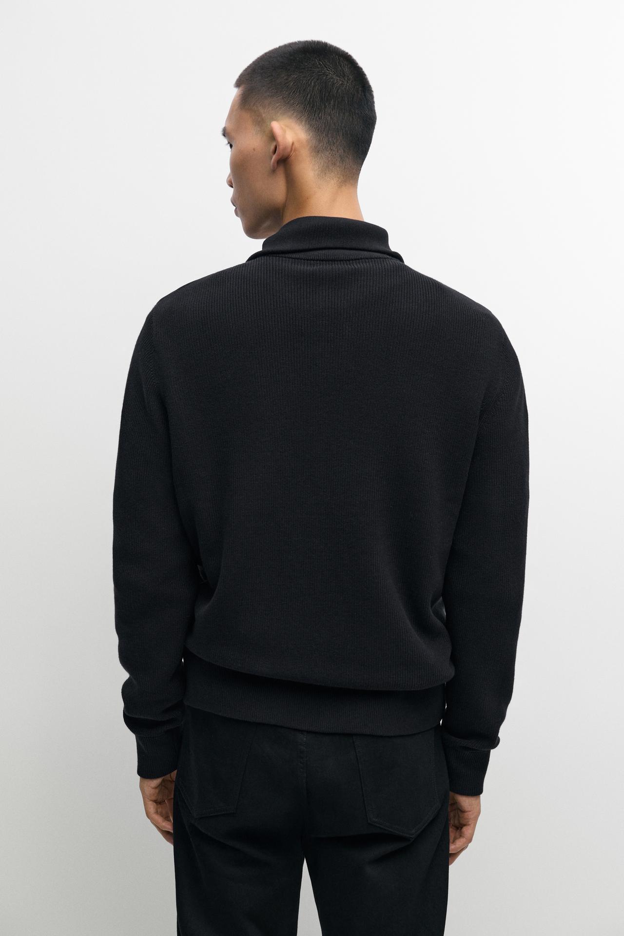 High neck mixed fabric cardigan — BLACK