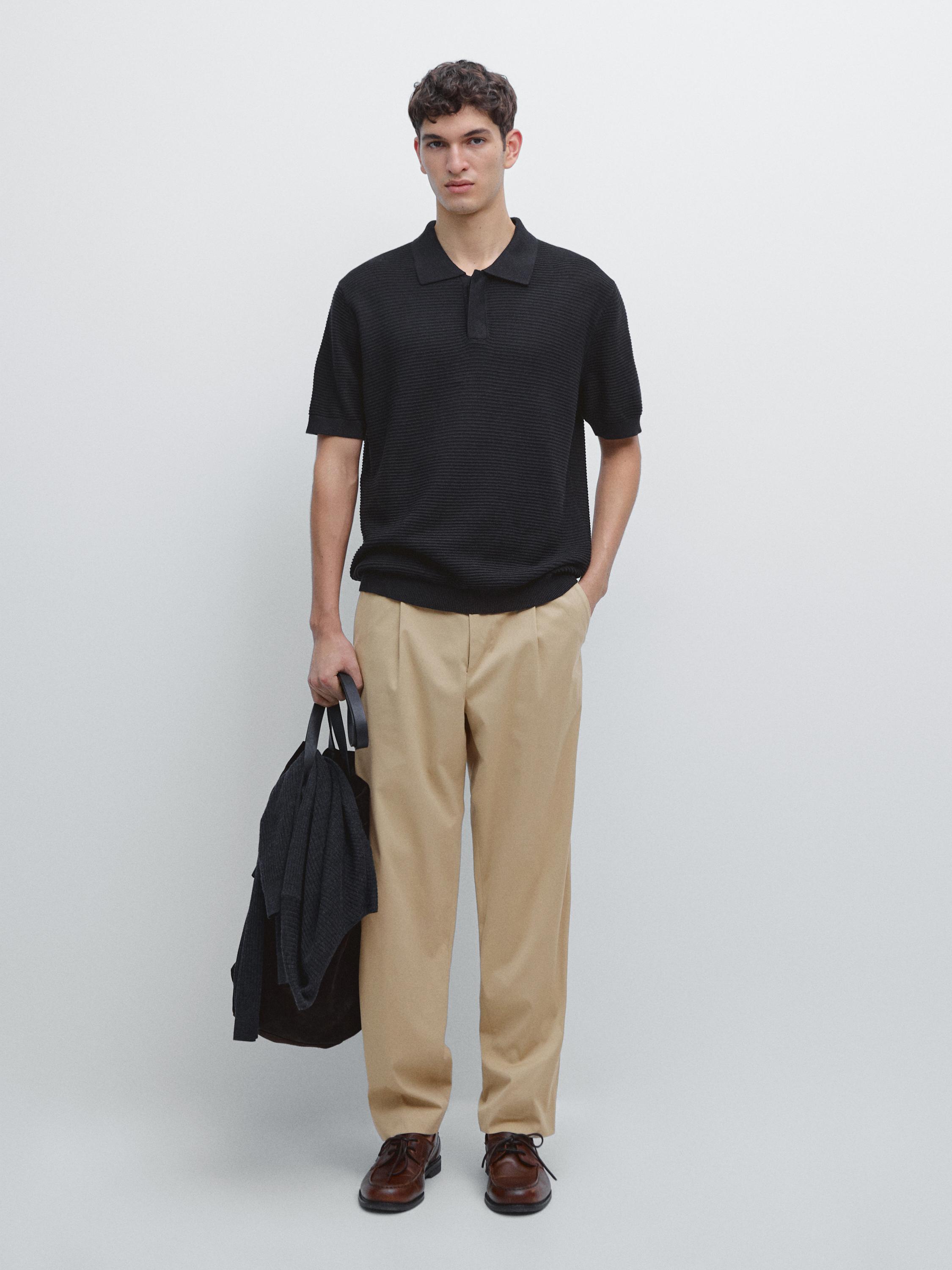 Linen and cotton blend knit polo shirt with short sleeves