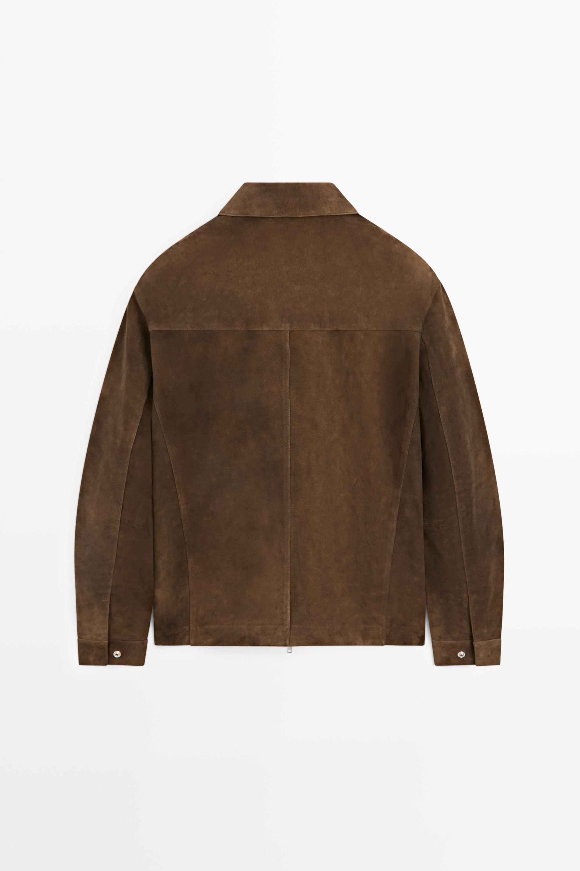 Suede leather zip-up jacket — BROWN MARL