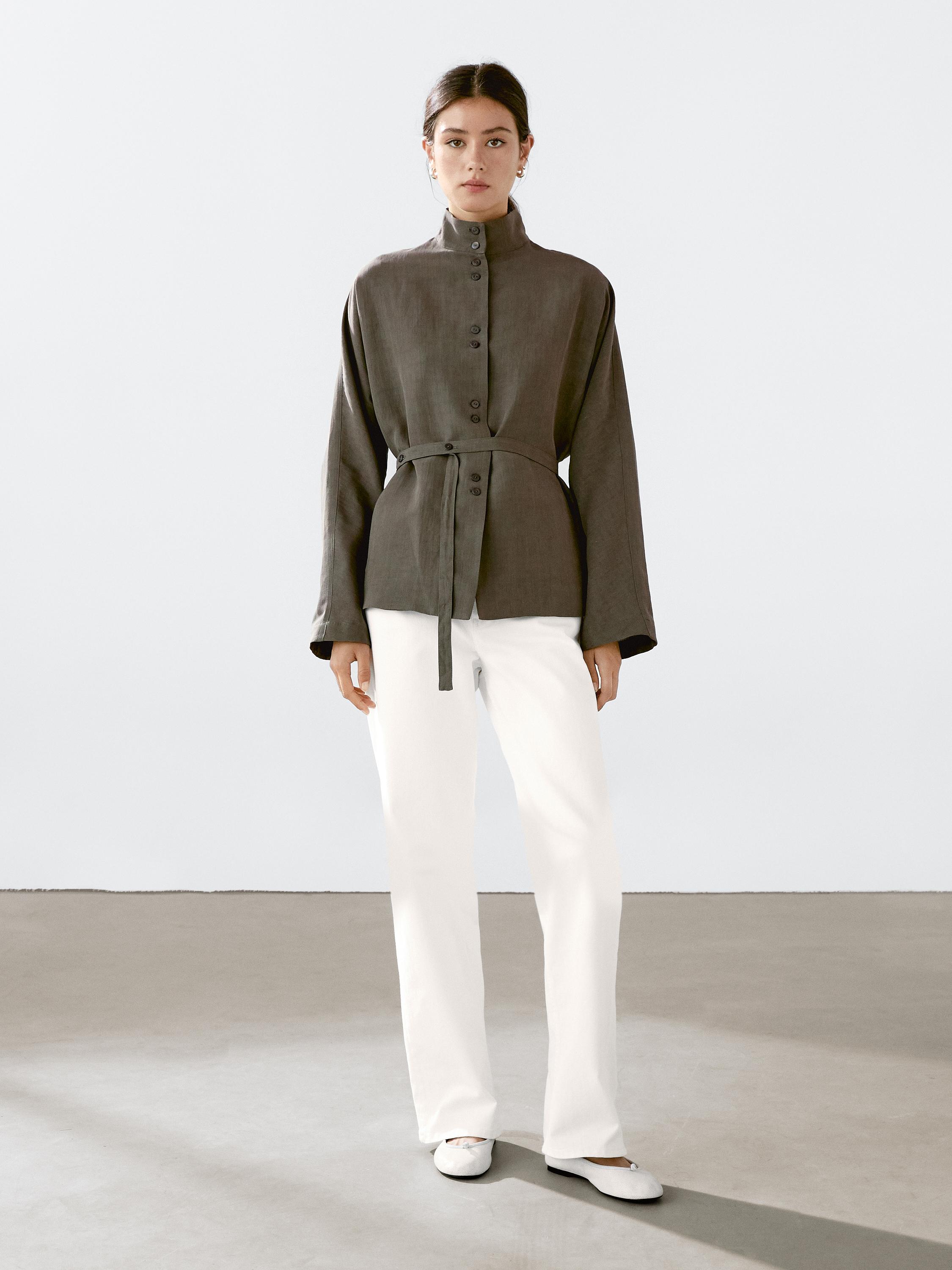 ג'קט מתערובת פשתן עם צווארון רצועה