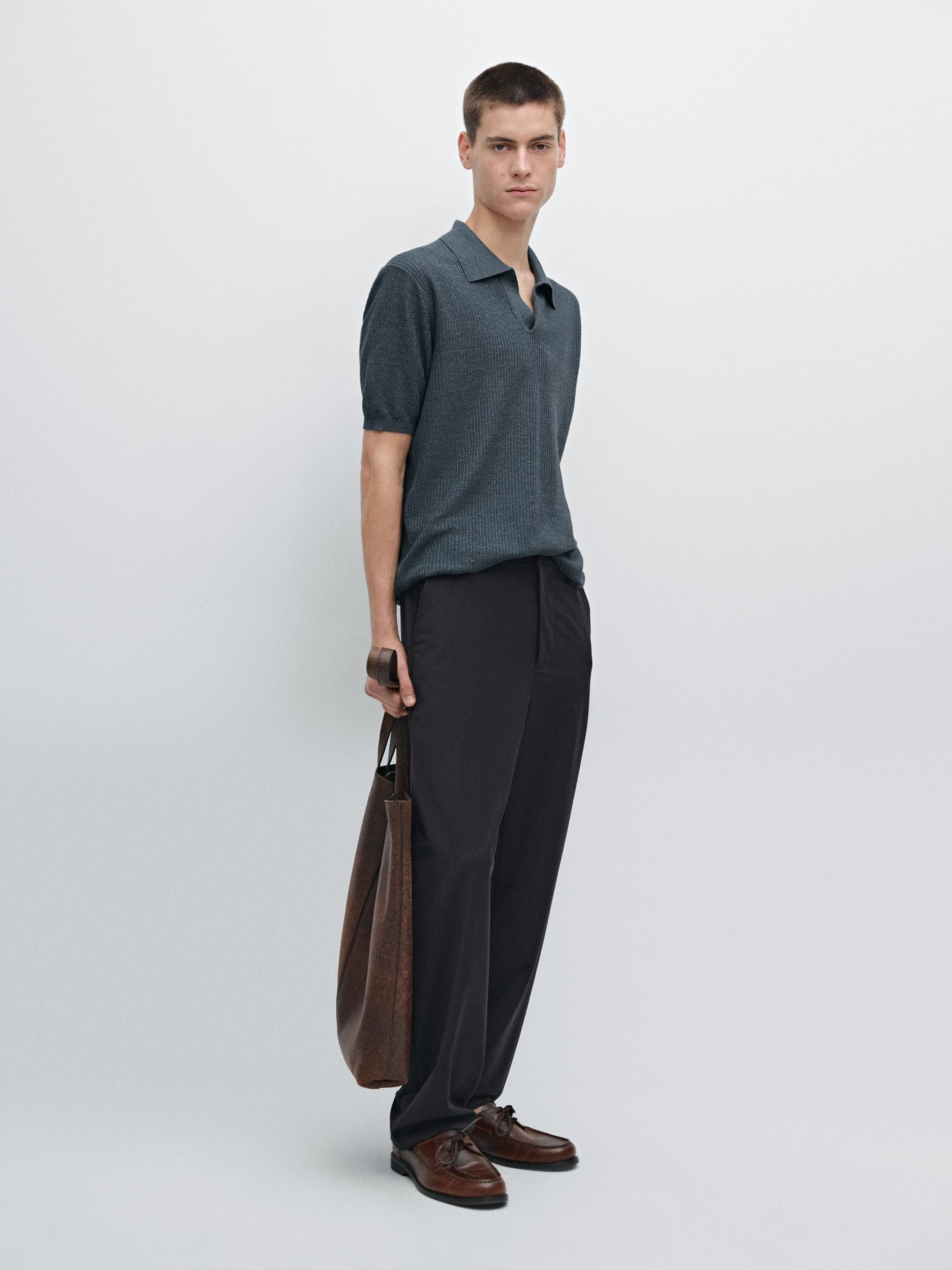 Textured knit cotton and linen blend polo shirt