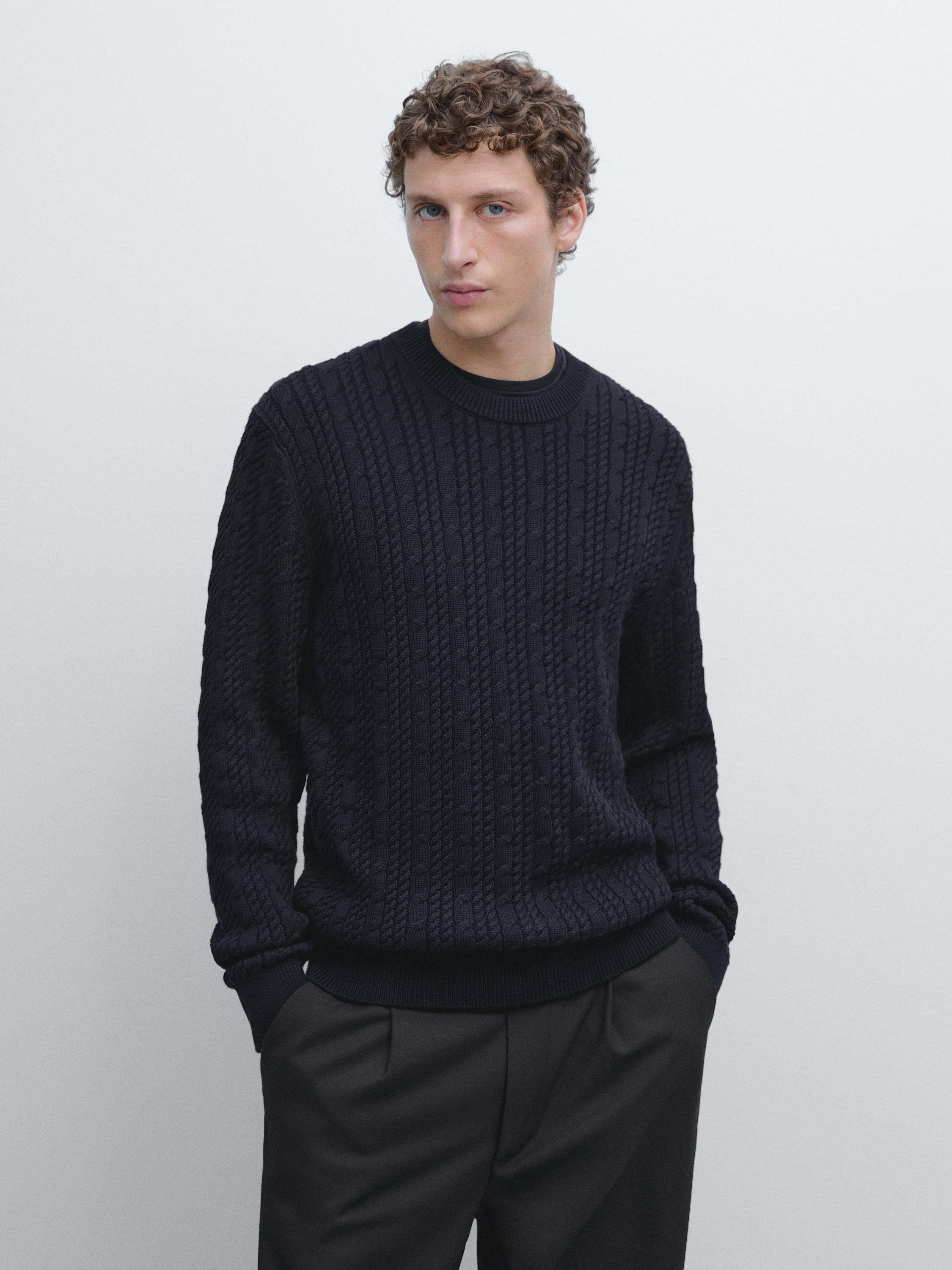 Cable-knit 100% cotton sweater with crew neck — NAVY BLUE