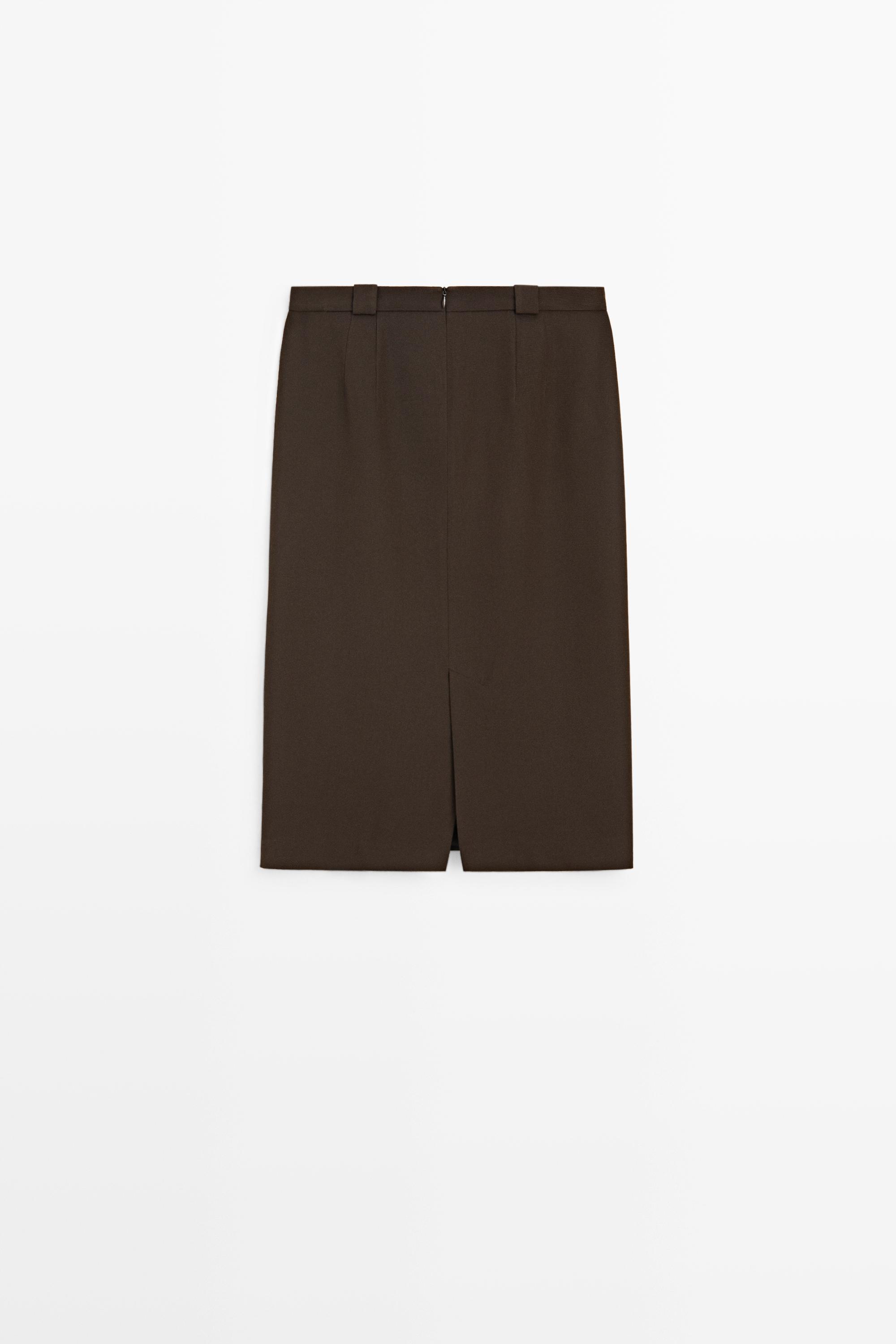 Straight wool blend midi skirt — BROWN