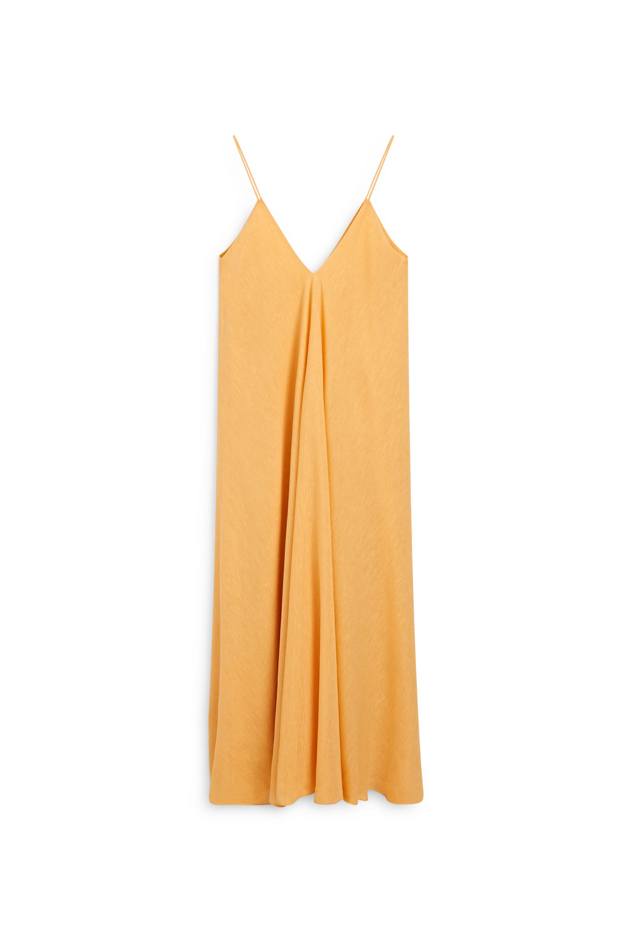 Linen blend flowing V-neck dress — YELLOW