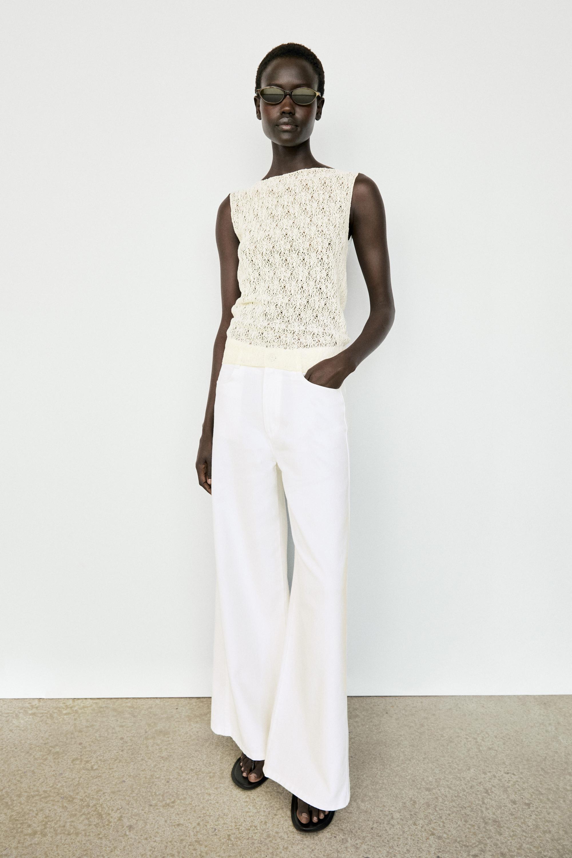 Sleeveless open-knit top — CREAM