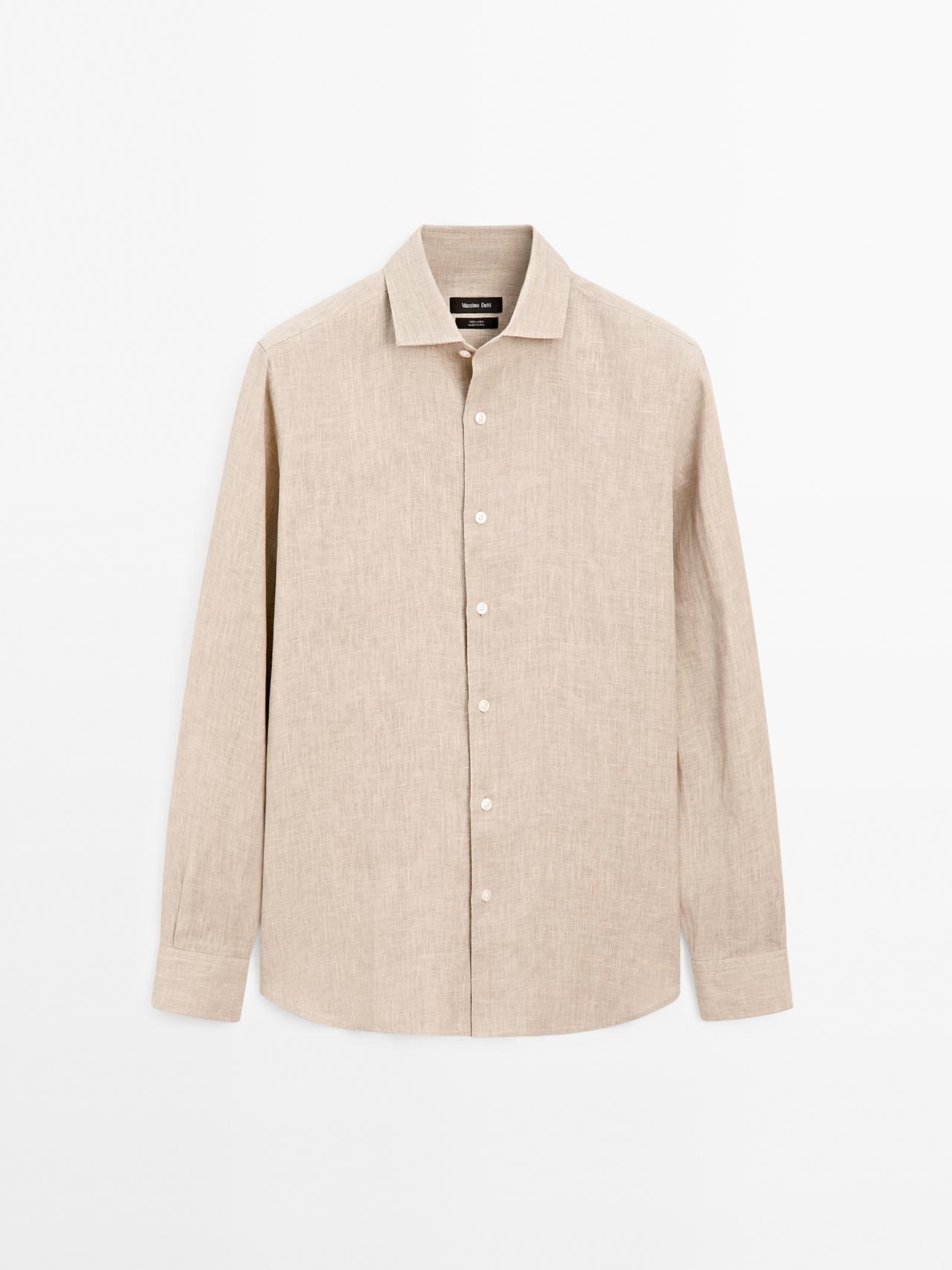 Massimo Dutti - Heren - Lichtgewicht Regular Fit 100% Linnen Overhemd - Beige - M