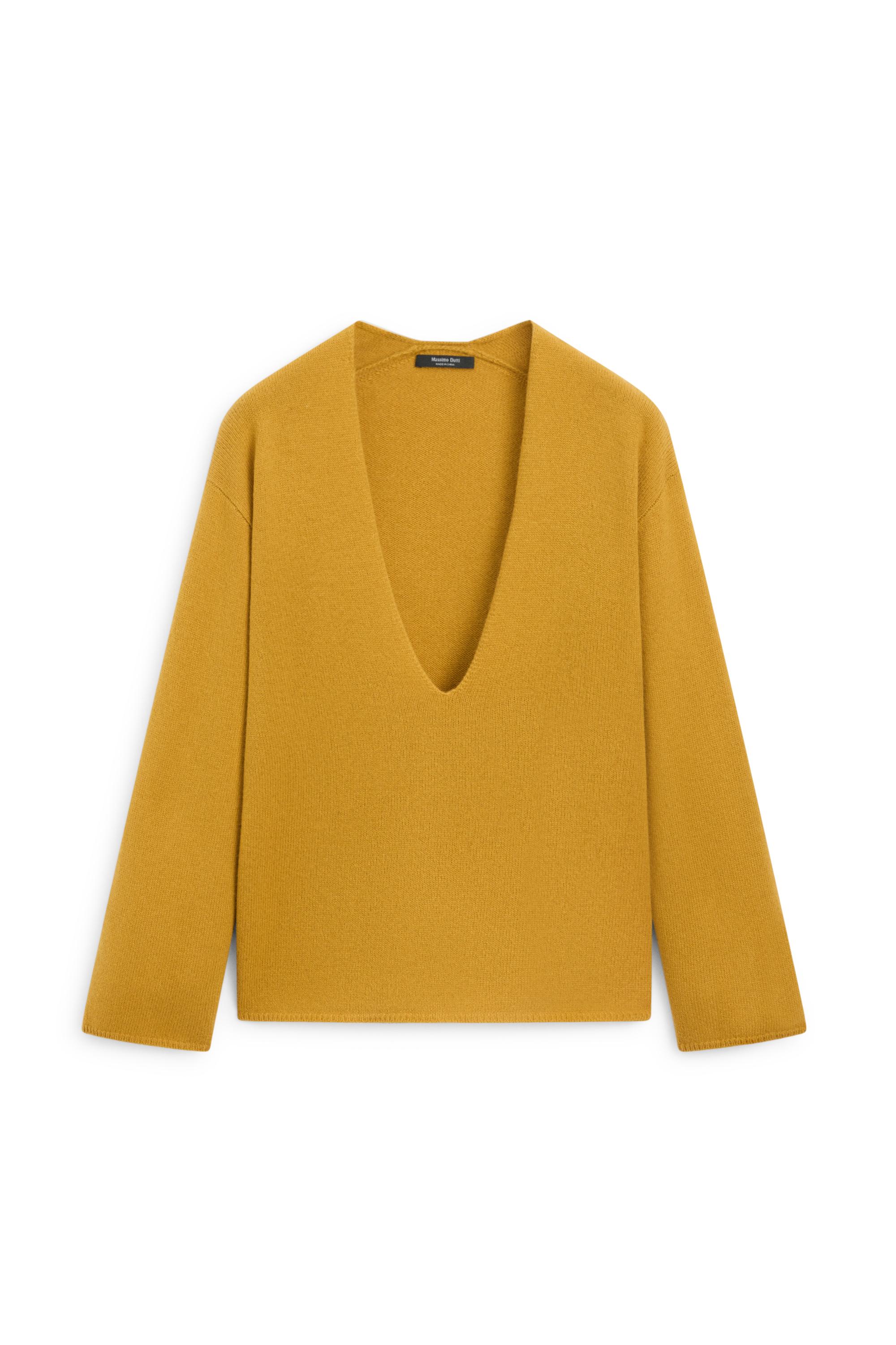 Long-line knit sweater with neckline detail — MUSTARD YELLOW