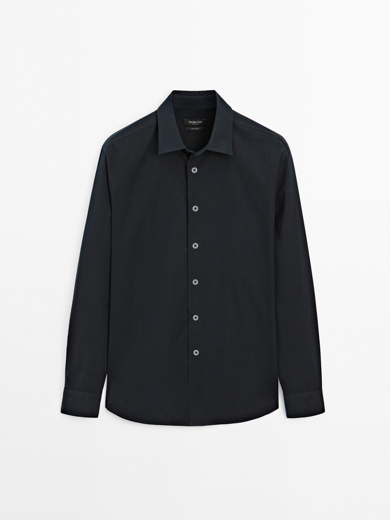 Massimo Dutti - Herre - Regular Fit Skjorte I Bomuld Og Silkeblanding - Marineblå - L