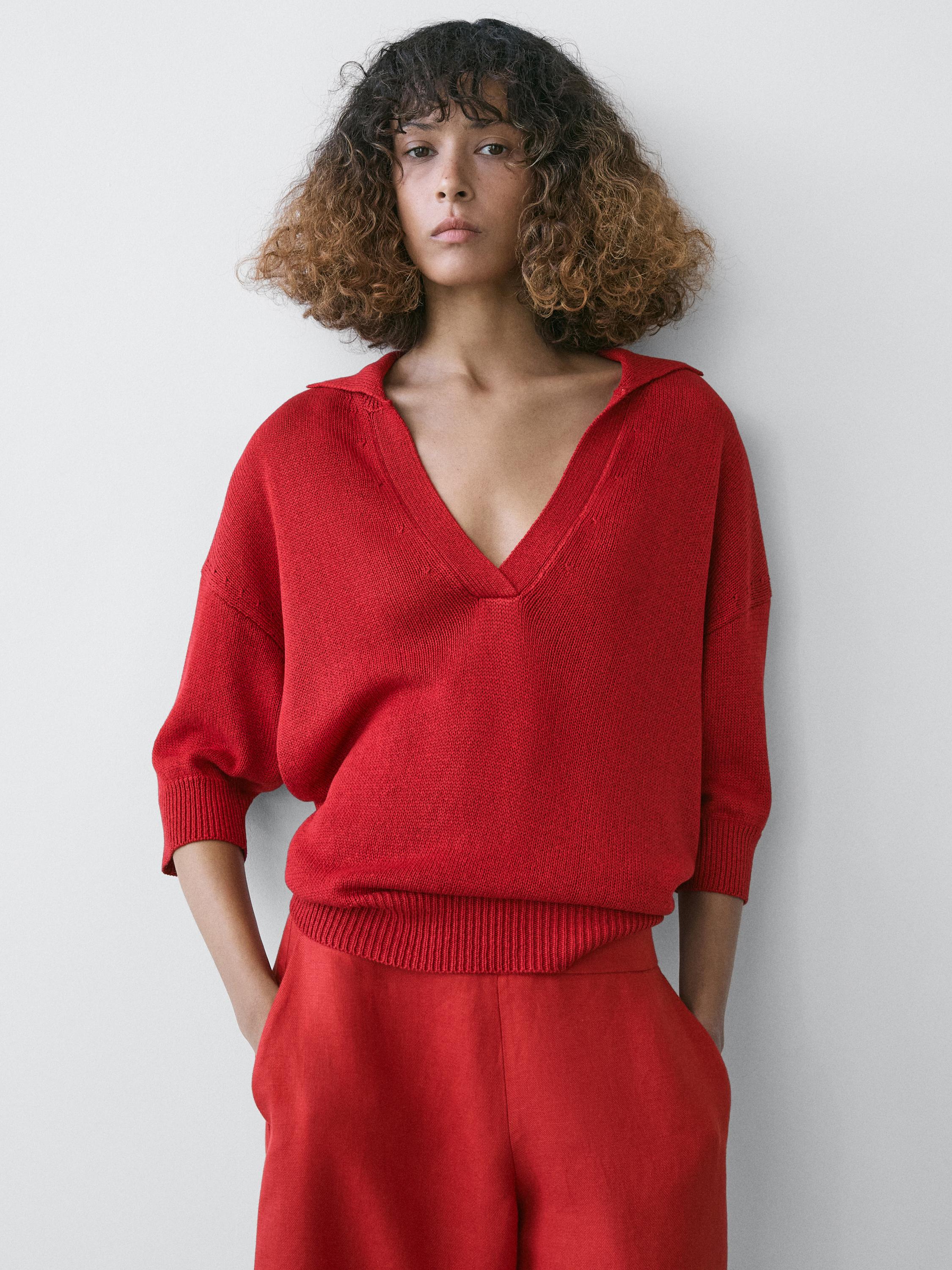 Flowing knit polo sweater — RED