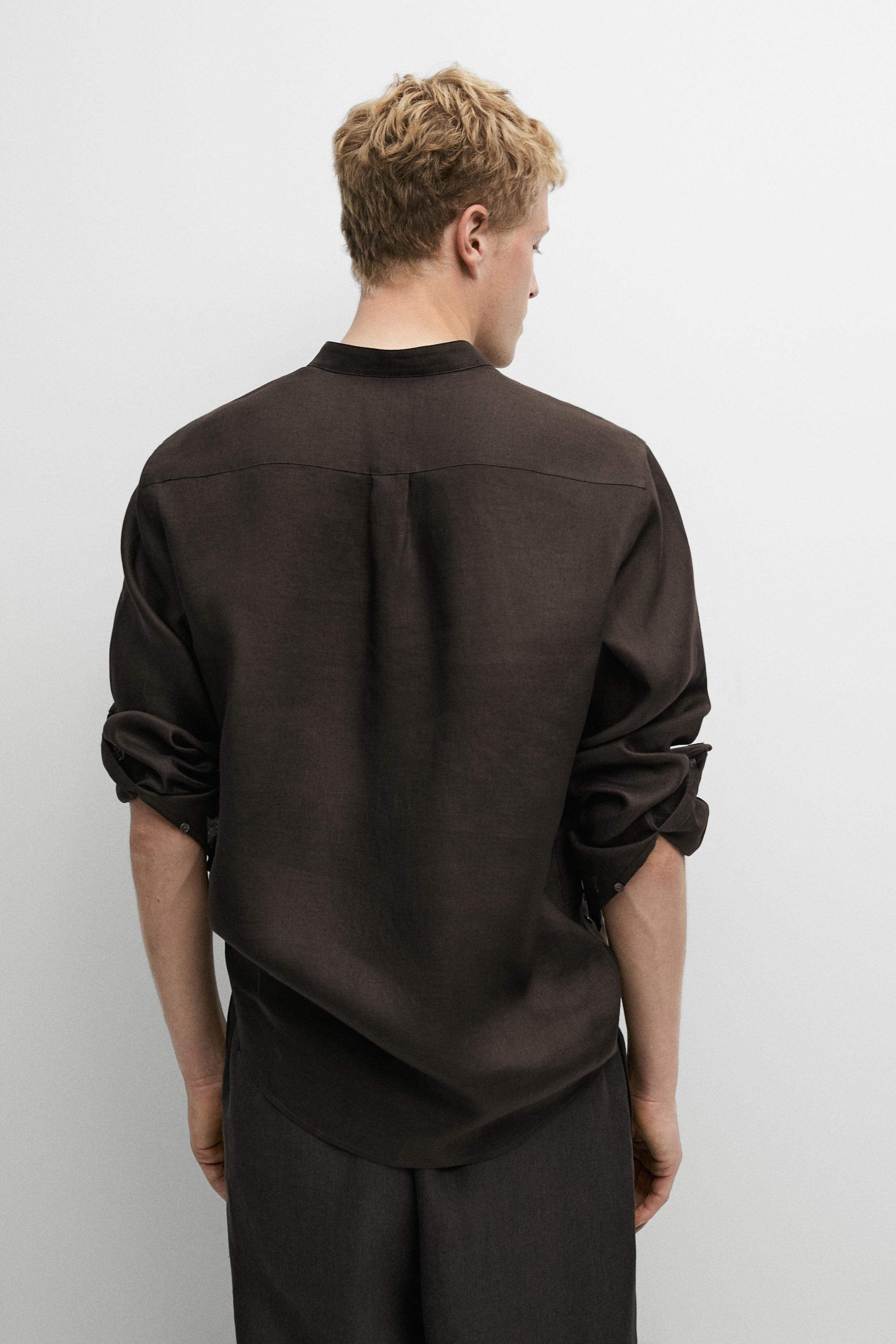 Regular fit stand collar 100% linen shirt — Chocolate