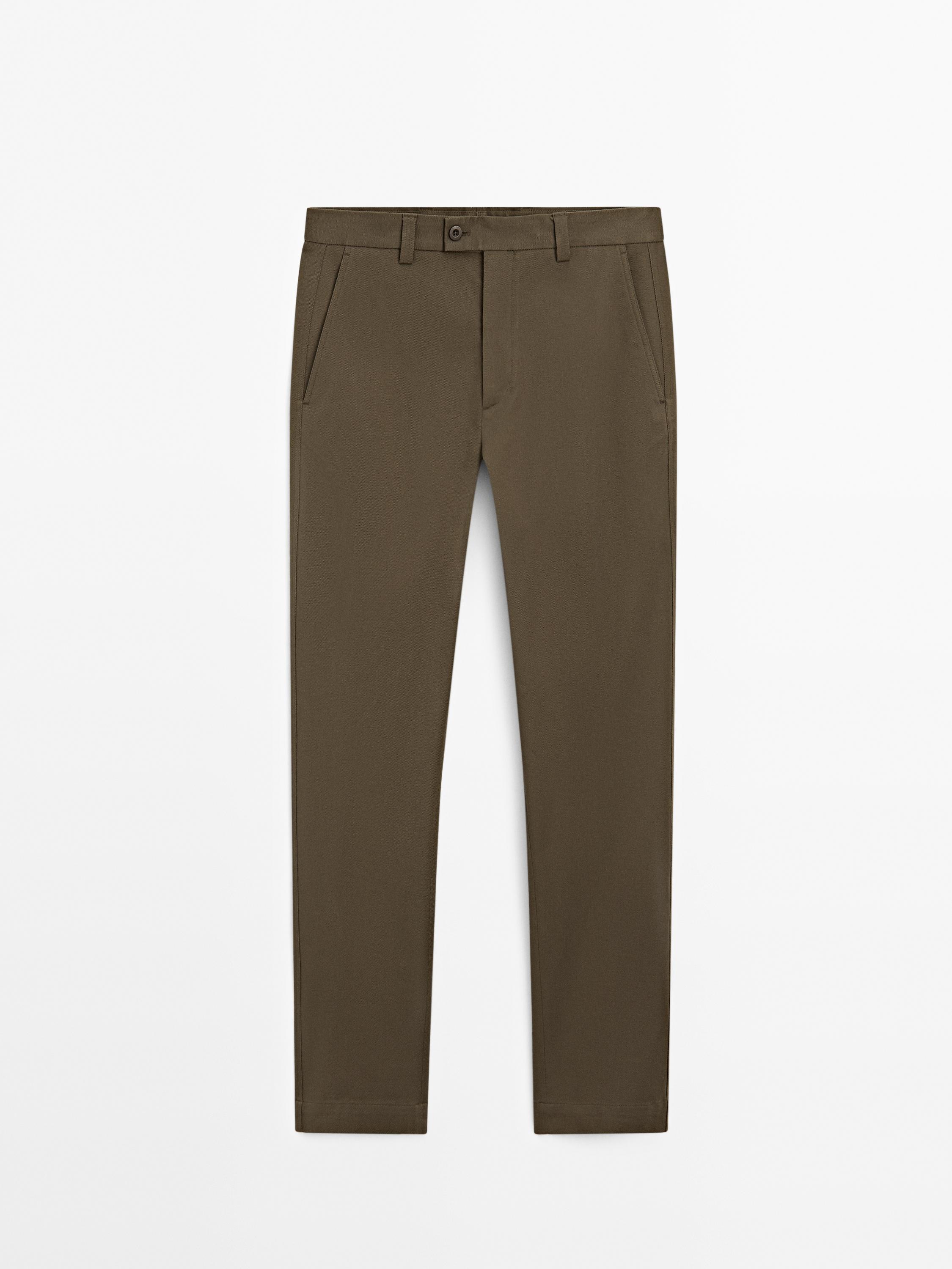 Cotton blend straight-leg twill trousers