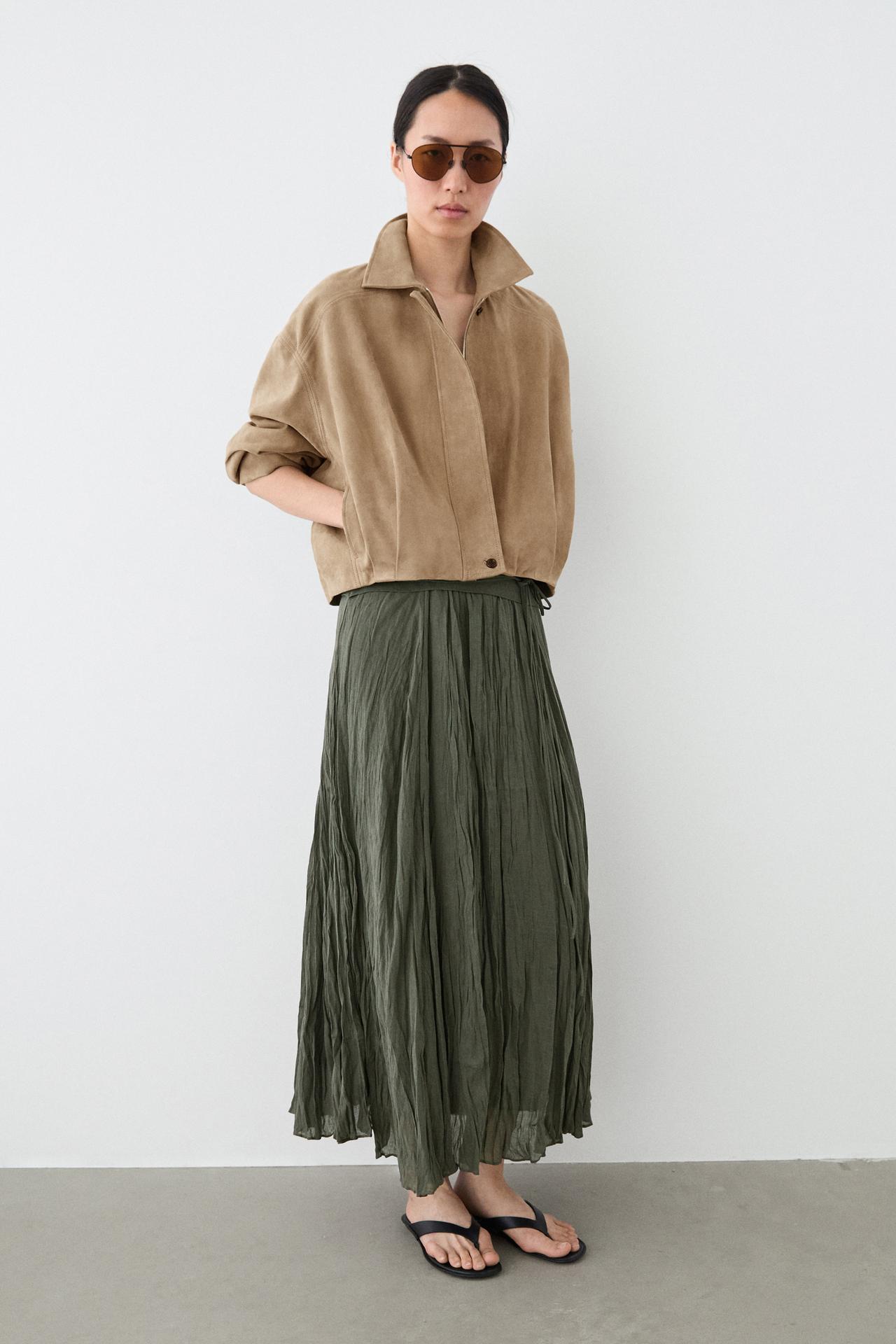 Pleated suede leather bomber jacket — SAND