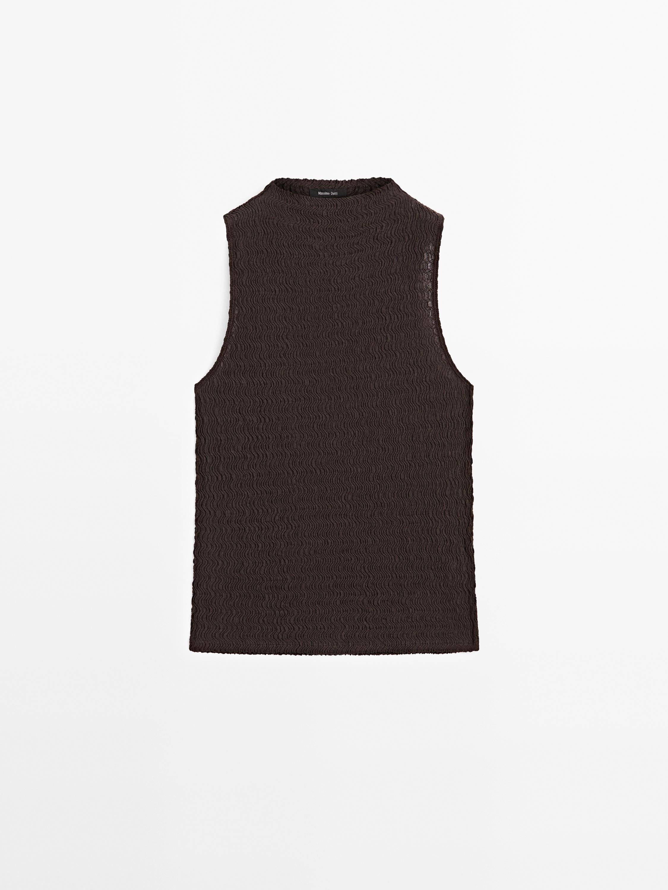 Chocolate linear waffle-knit funnel neck top