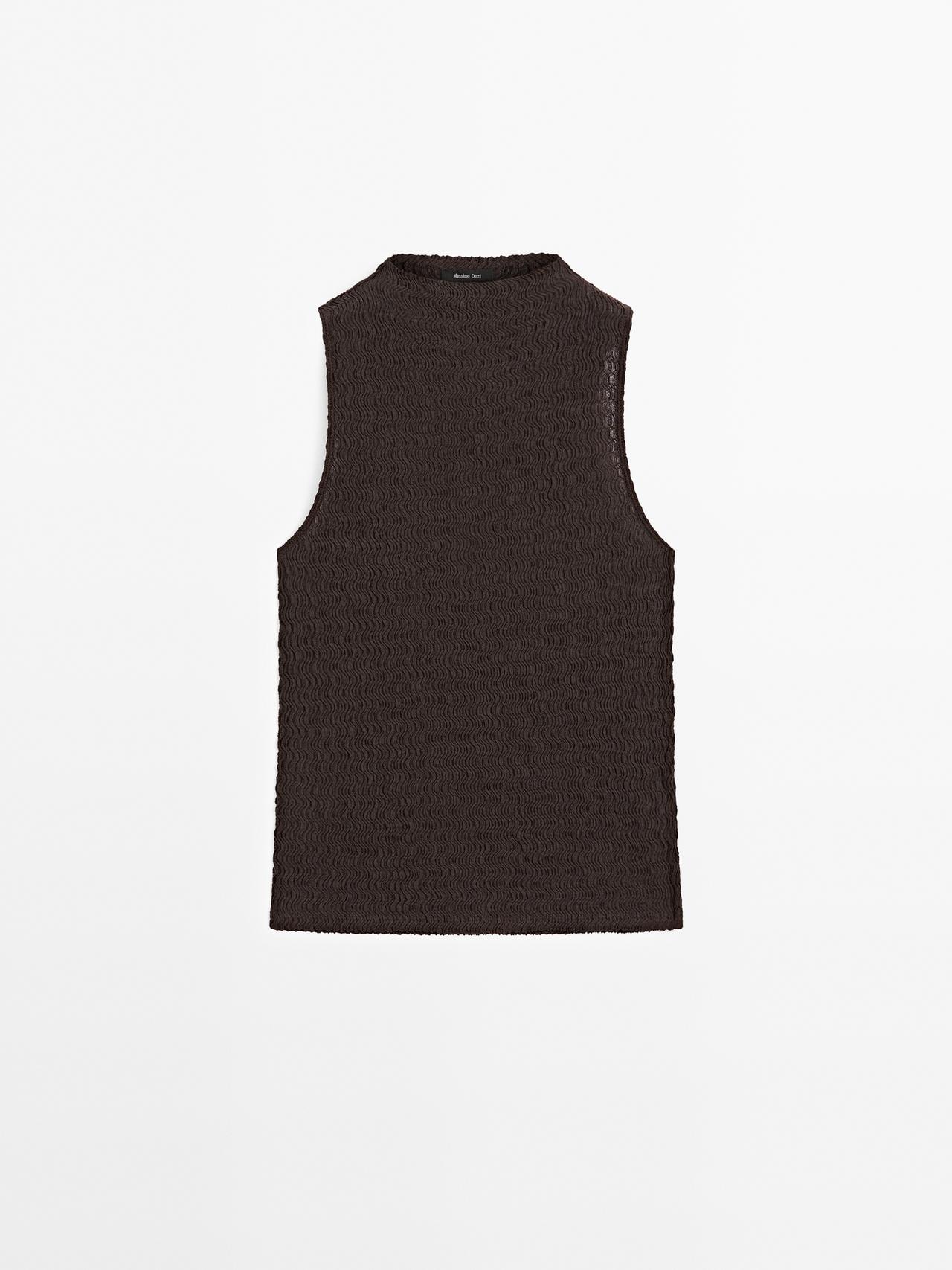 Massimo Dutti - Dame - Chokoladebrun Top I Lineær Vaffelstrik Med Skorstenskrave - Brun - L