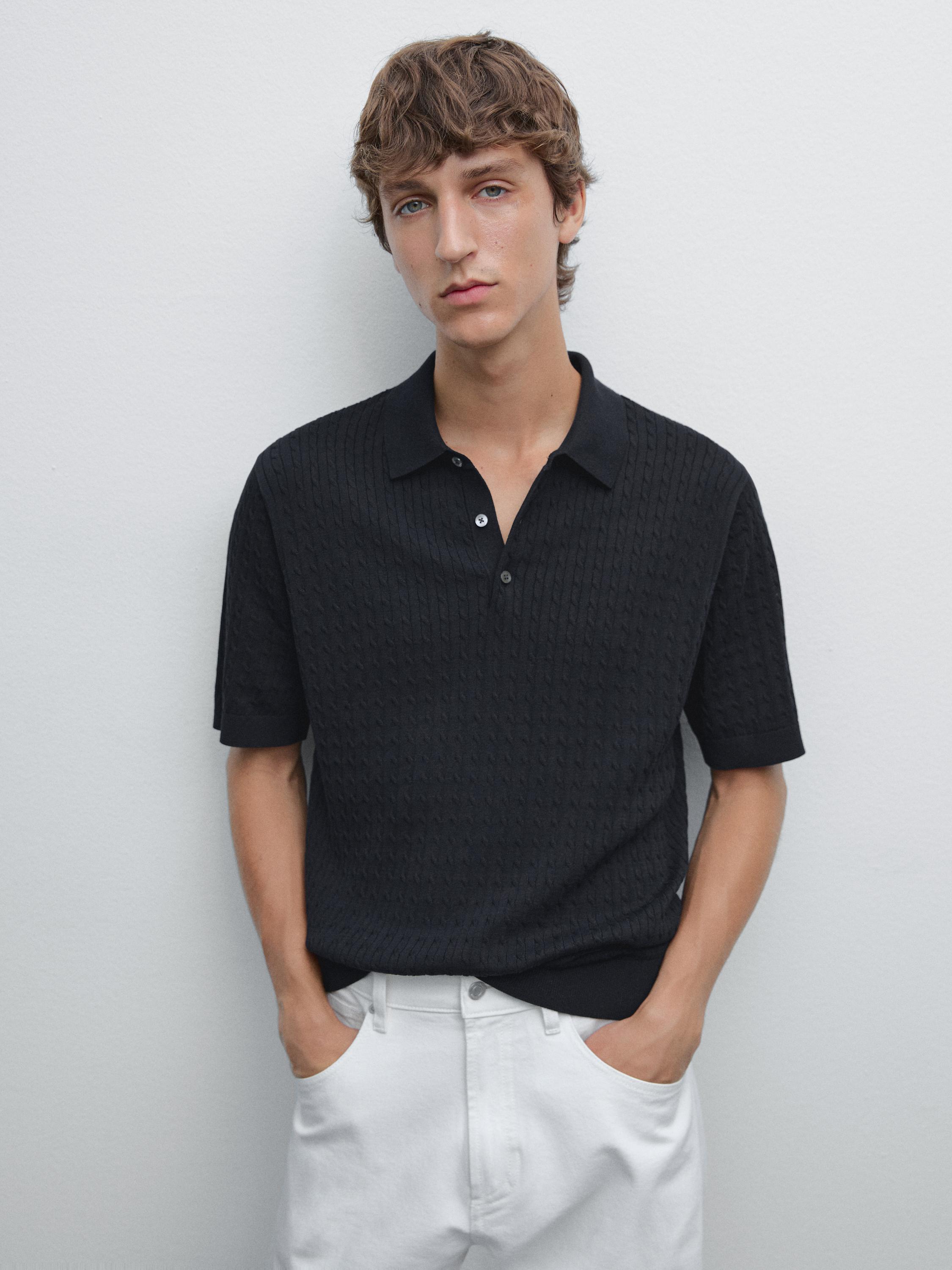 100% cotton cable-knit polo sweater