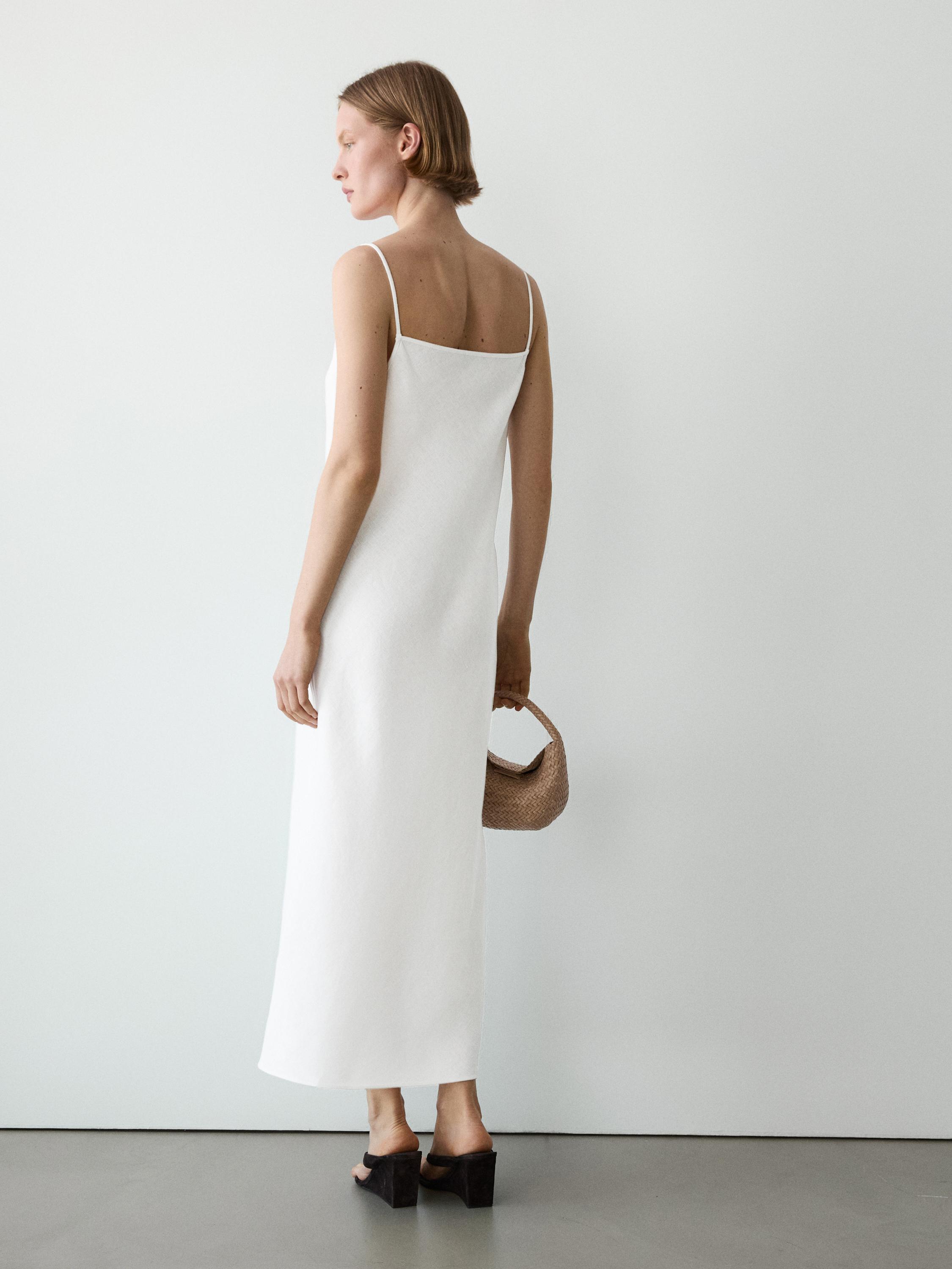 100% linen midi dress with straight neckline — WHITE