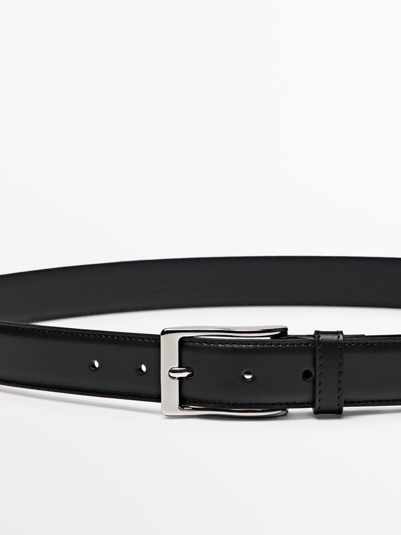 Leather dress belt with topstitching — BLACK
