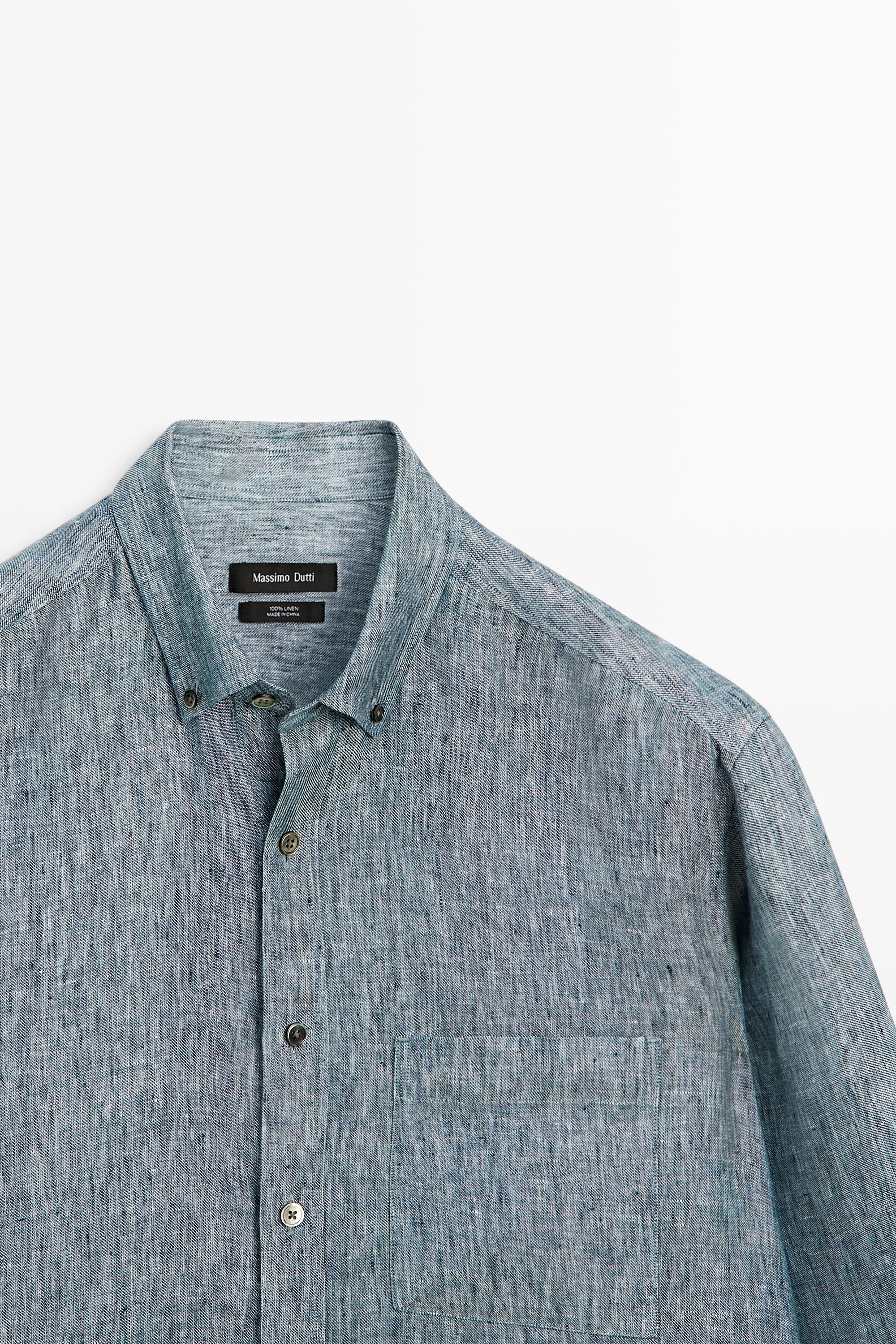 Regular fit melange twill 100% linen shirt — NAVY BLUE