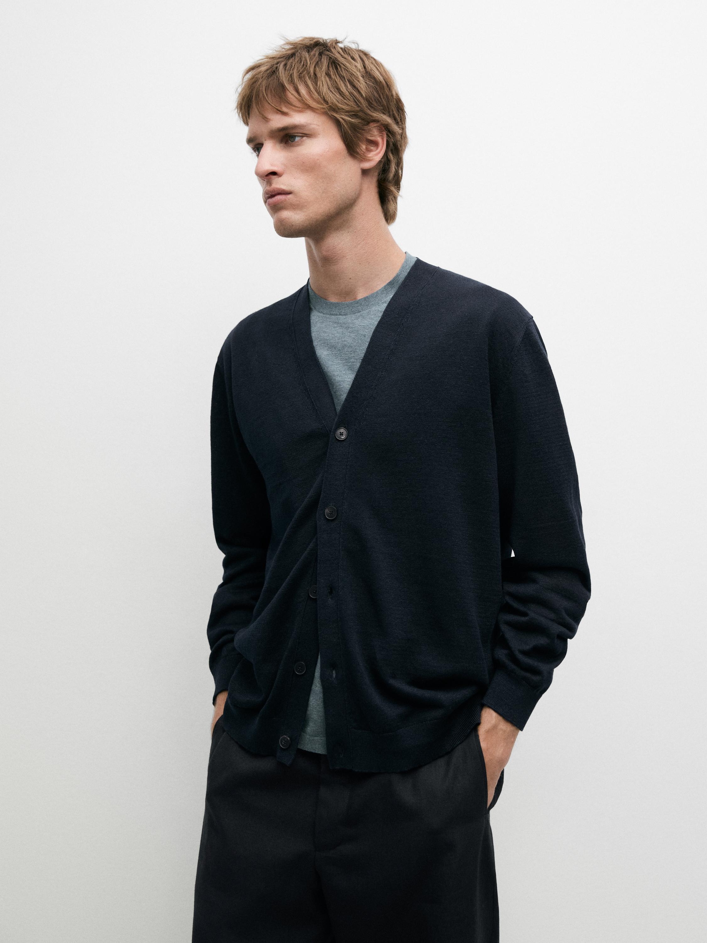 Linen knit cardigan with buttons — NAVY BLUE