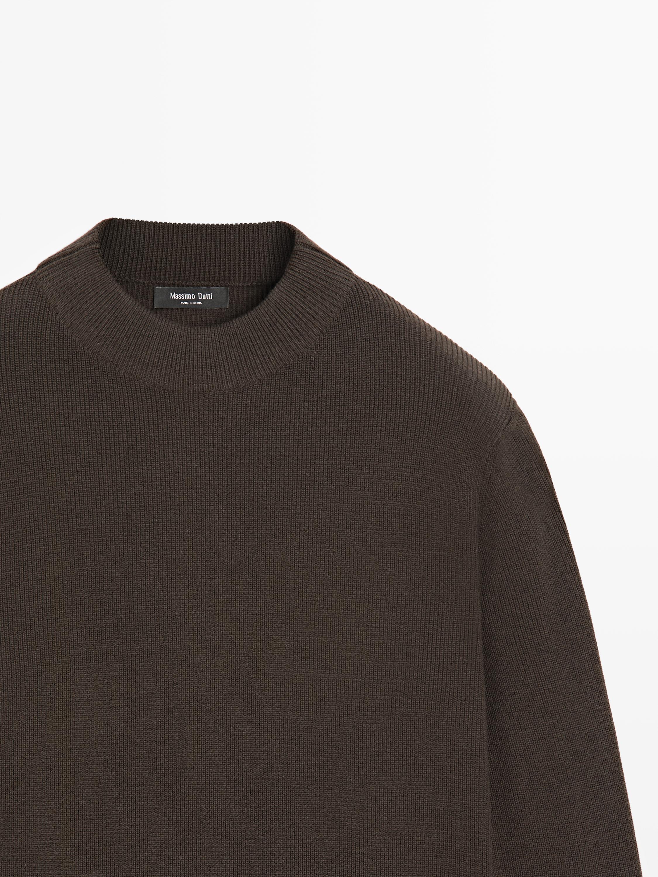 Cotton blend knit sweater with mock turtleneck — BROWN MARL