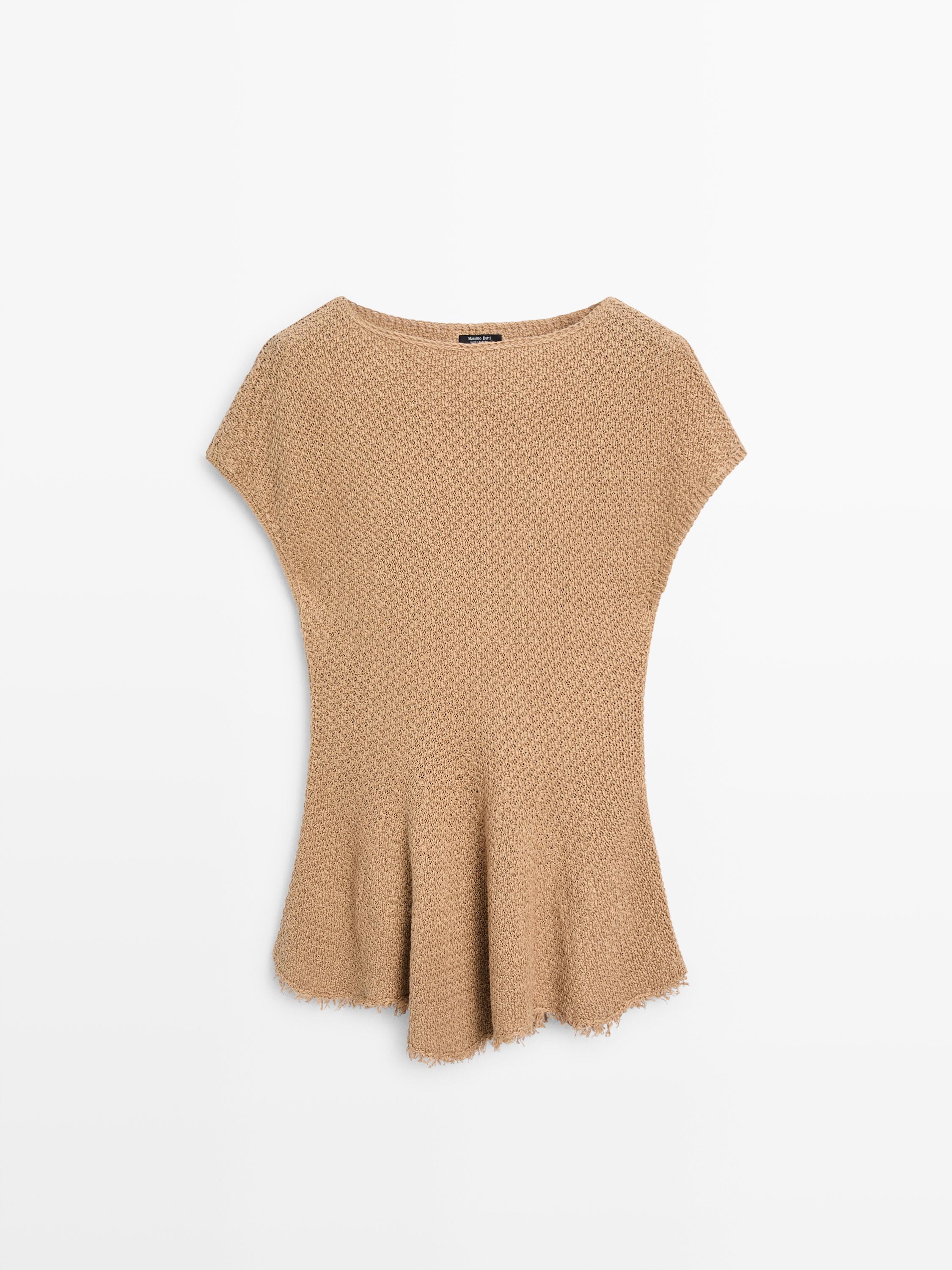 Front view of a toasted frayed top with a round neck and short sleeves.