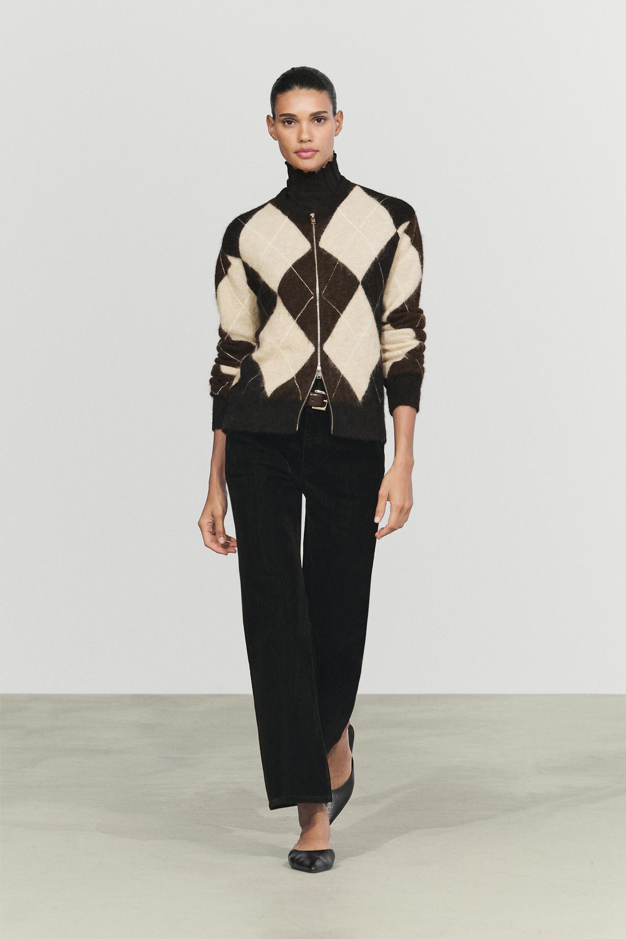 Wool-blend zip-up cardigan with diamond pattern — DARK GREY