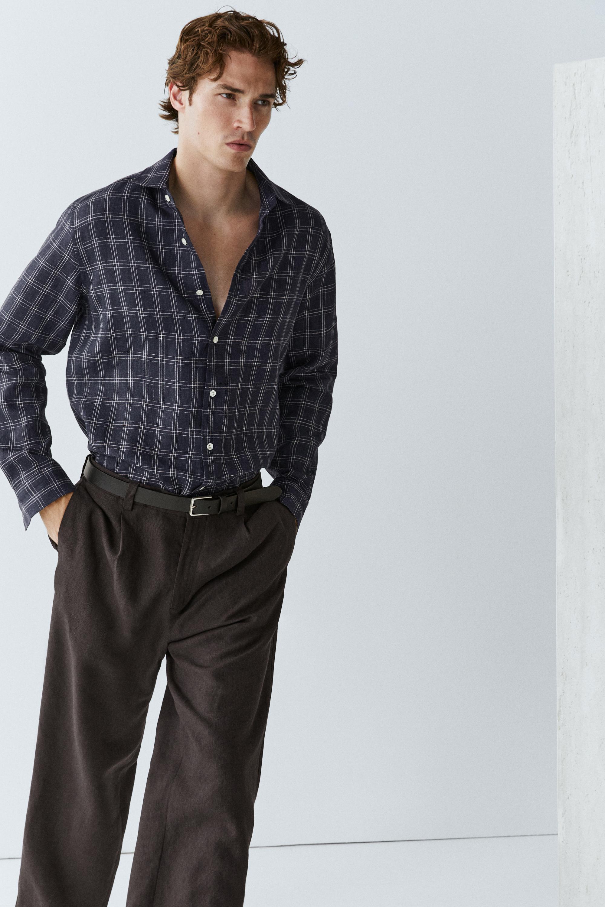 100% linen regular fit check shirt — DARK BLUE