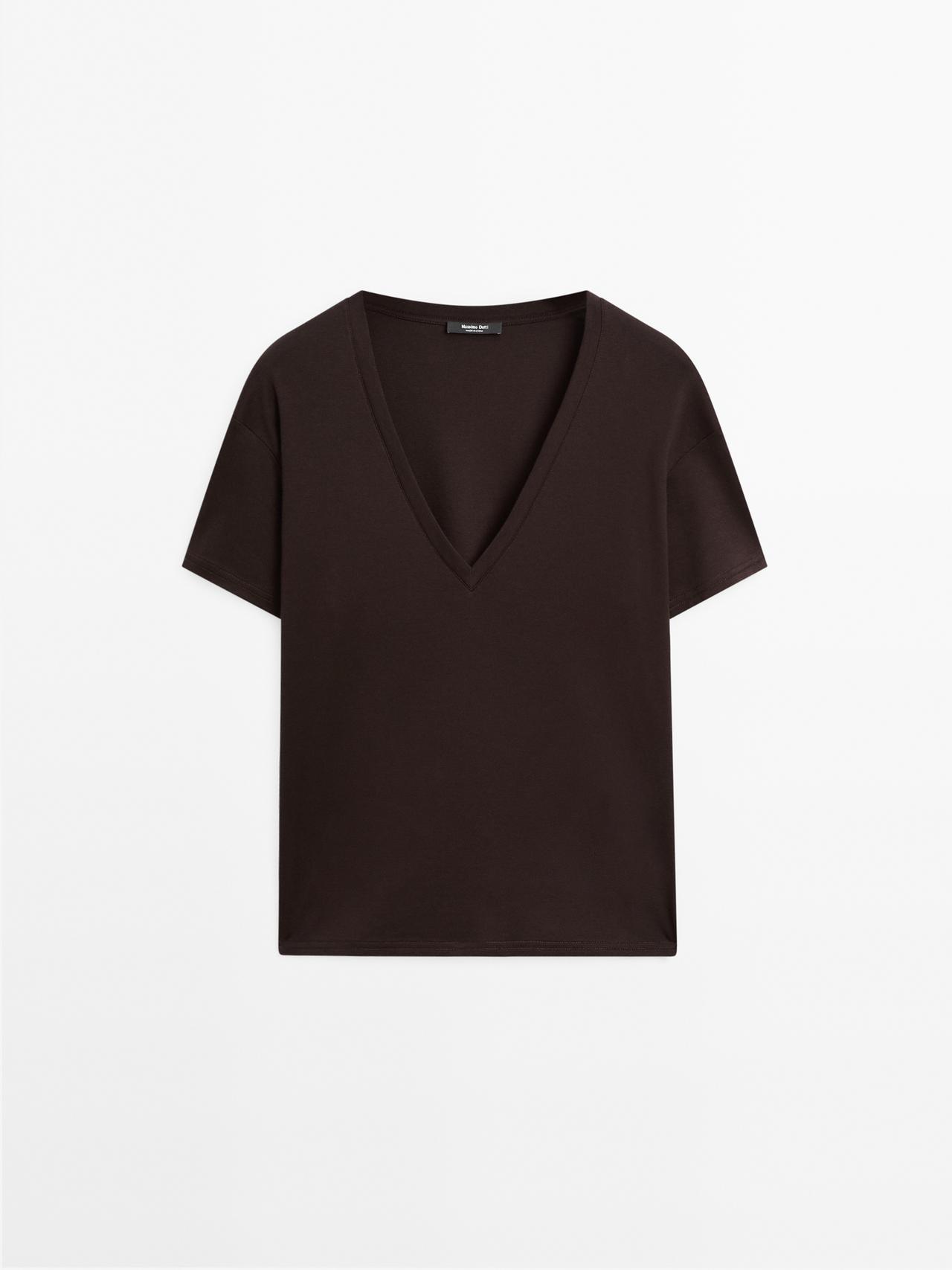 Massimo Dutti - Dame - T-Shirt Med Blødt Fald Og V-Udskæring - Brun - M